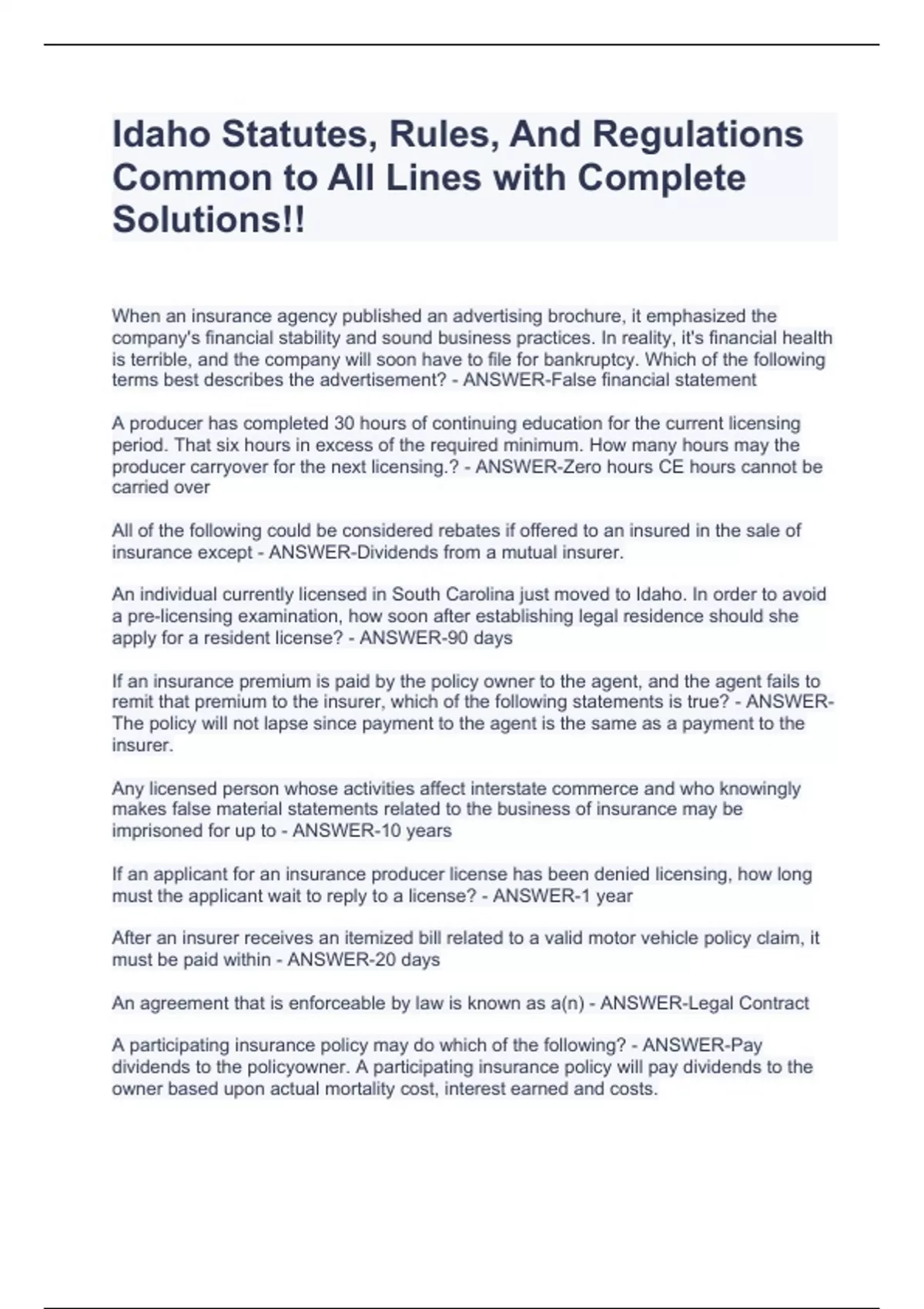 Idaho Statutes, Rules, And Regulations Common to All Lines with Complete Solutions!! Idaho