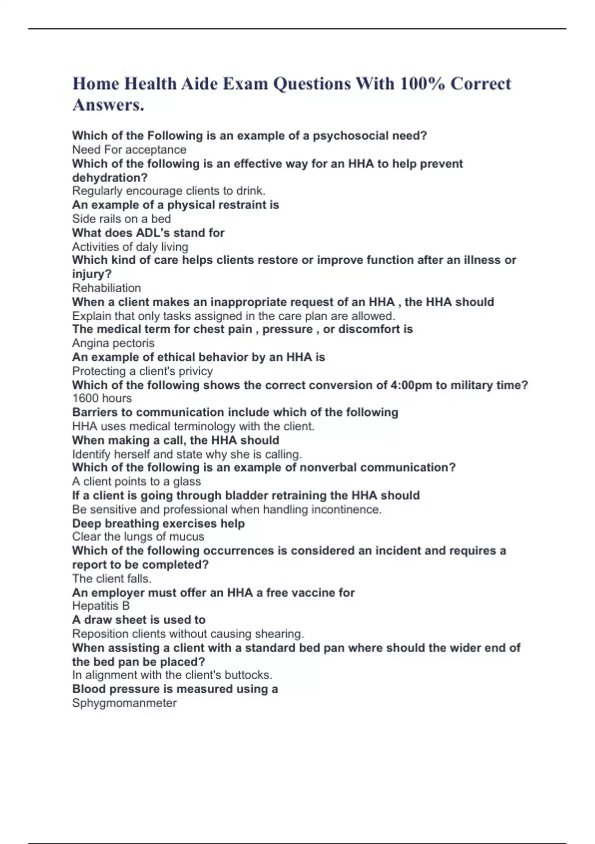 Home Health Aide Exam Questions With 100 Correct Answers. Home