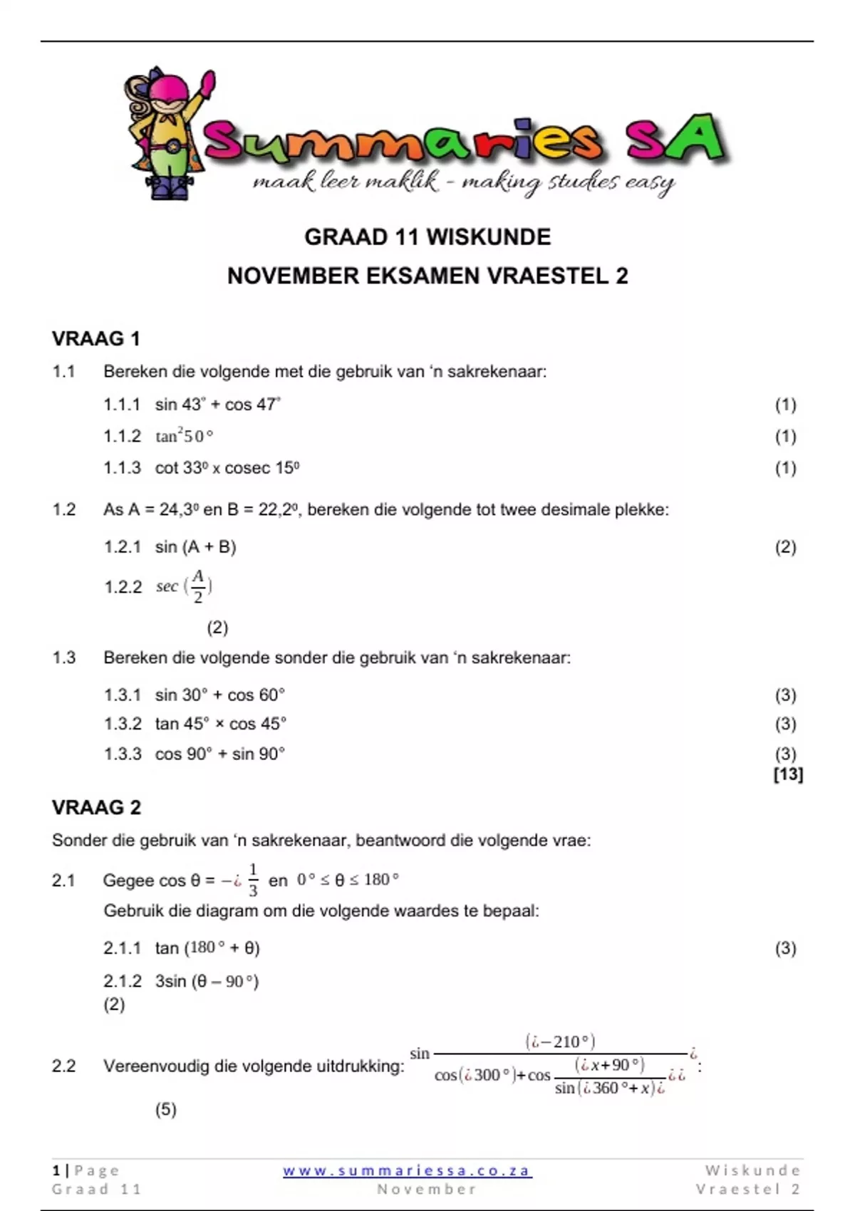 Graad 11 Wiskunde (WISK) November Vraestel 2 en Memo - 2023 (2 ...
