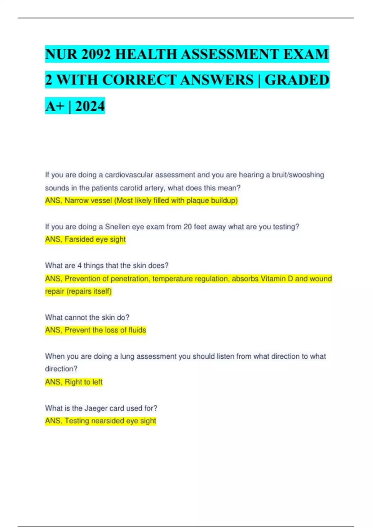 NUR 2092 HEALTH ASSESSMENT EXAM 2 WITH CORRECT ANSWERS | GRADED A+ ...