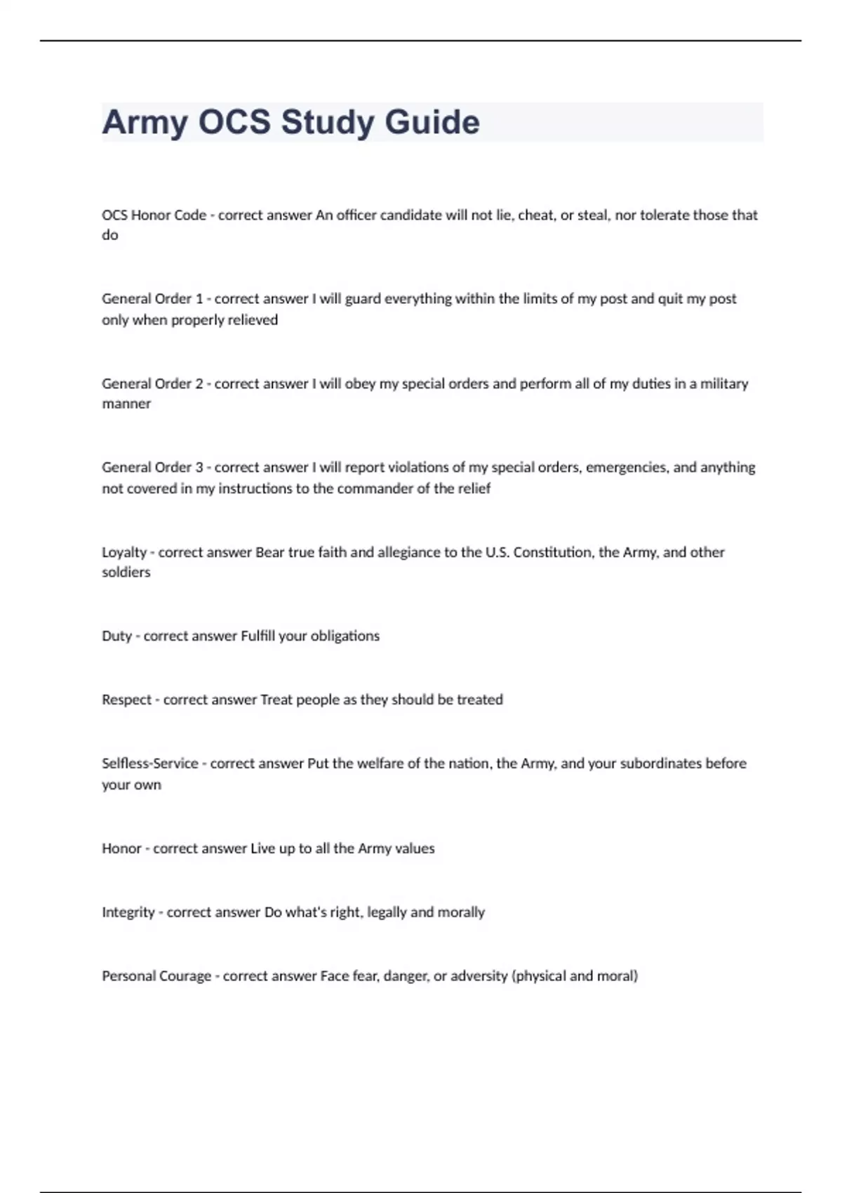 Army OCS Study Guide question n answers graded A+ Army OCS Stuvia US