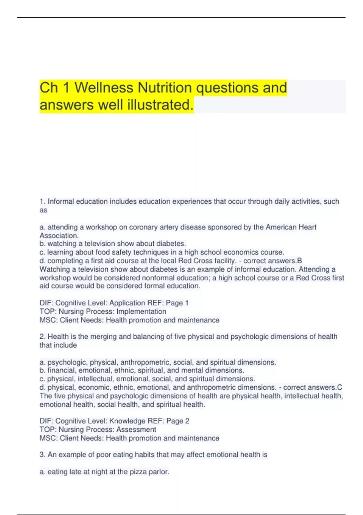 Ch 1 Wellness Nutrition questions and answers well illustrated. Stuvia US