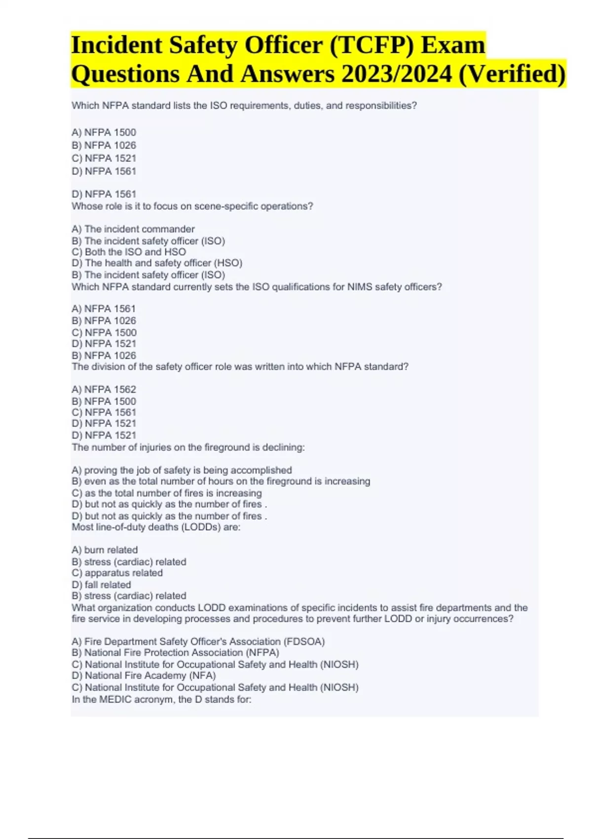 TCFP Incident Safety Officer Exam Questions And Answers 2023/2024