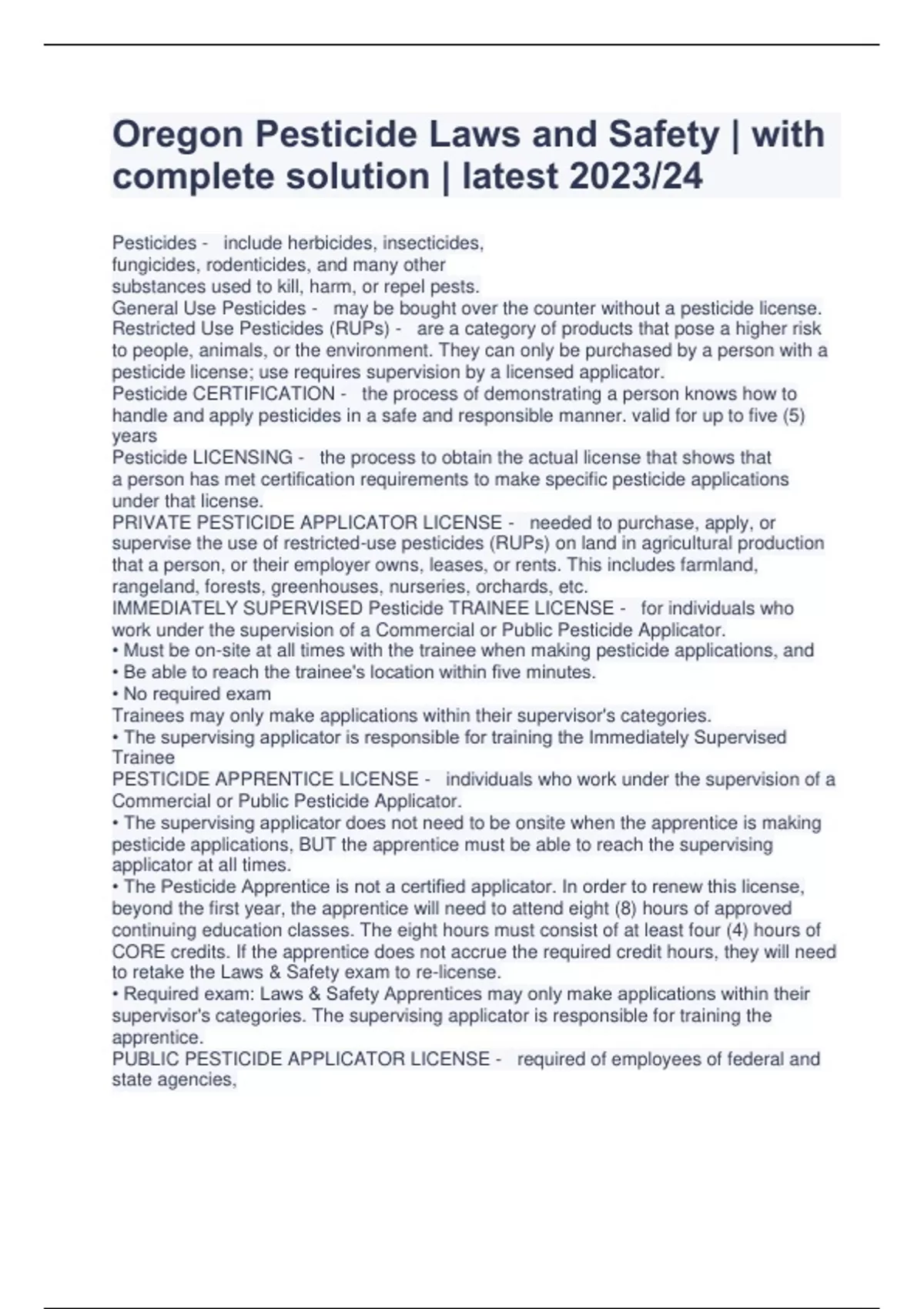 Oregon Pesticide Laws and Safety with complete solution latest 2023