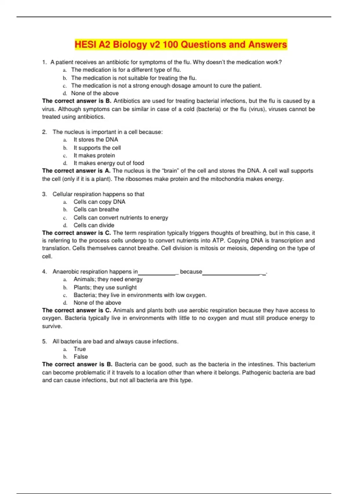 HESI A2 Biology v2 100 Questions and Answers - HESI A2 Biology v2 100 ...