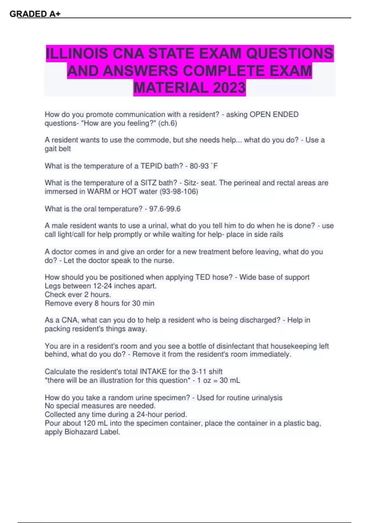 Illinois CNA state exam questions 2023 with complete solution Stuvia US