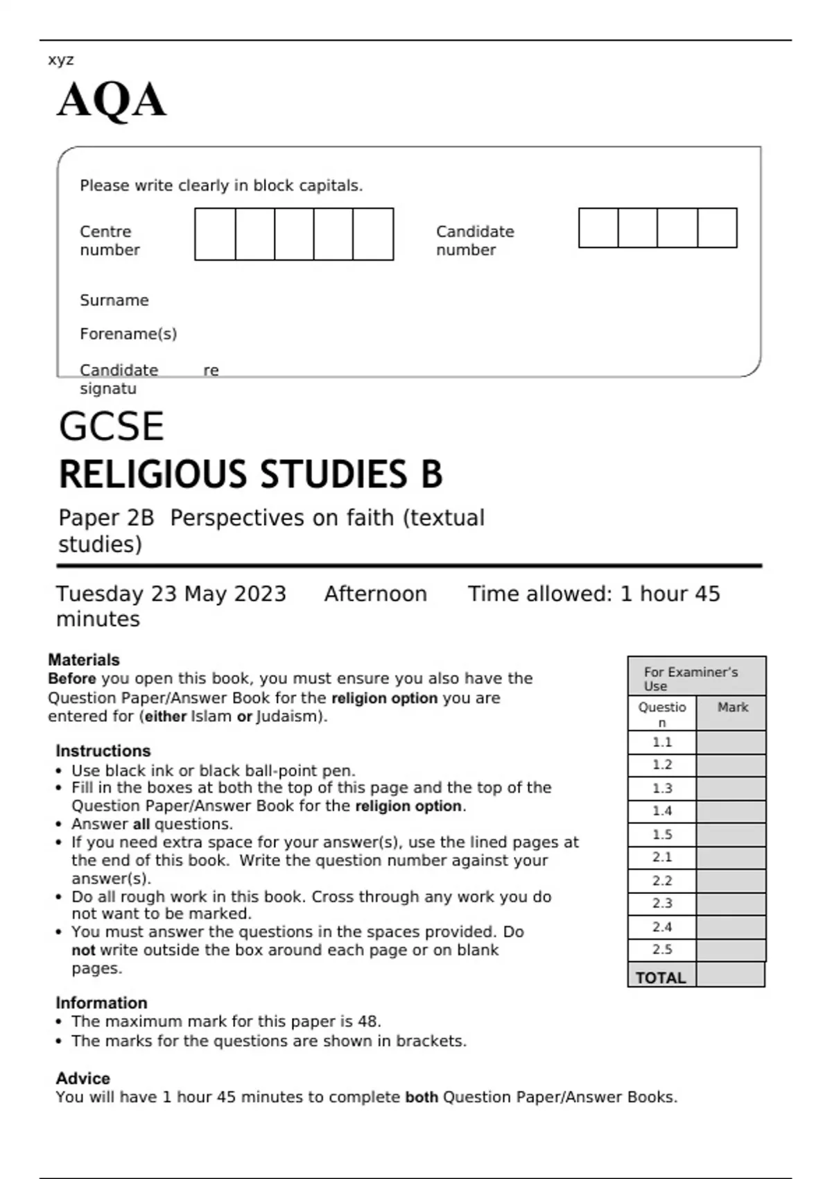 AQA GCSE RELIGIOUS STUDIES B Paper 2B JUNE 2023 QUESTION PAPER ...