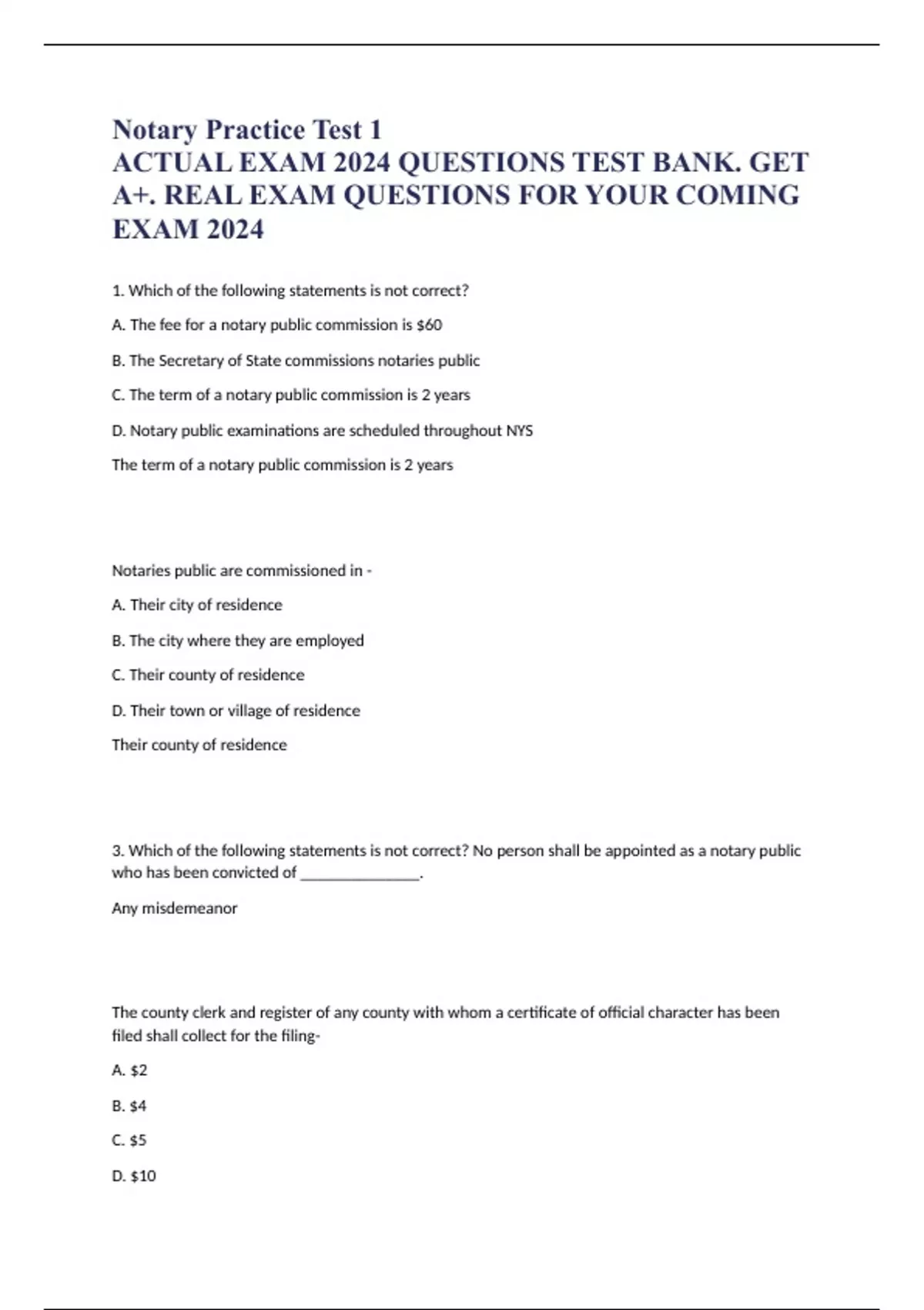Notary Practice Test 1 ACTUAL EXAM 2024 QUESTIONS TEST BANK. GET A+