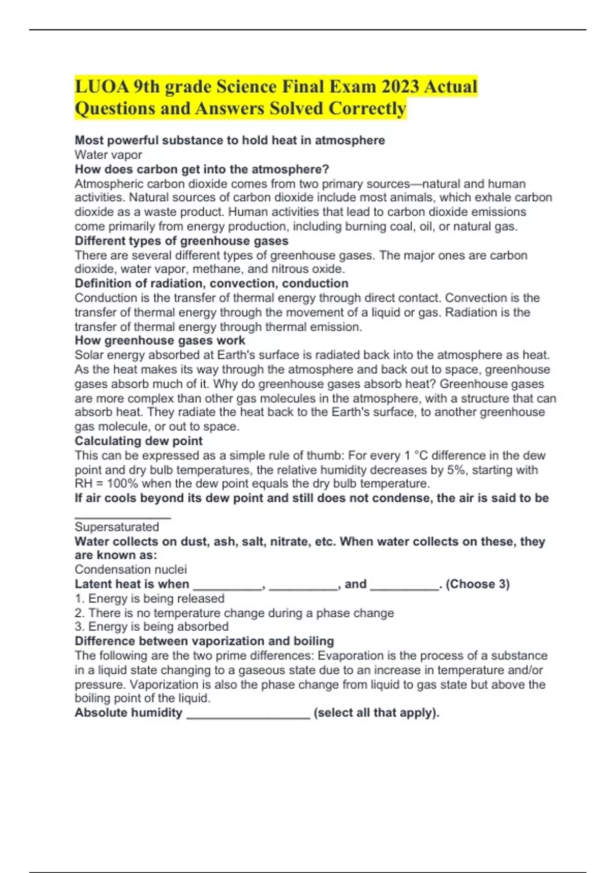 LUOA 9th grade Science Final Exam 2023 Actual Questions and Answers ...