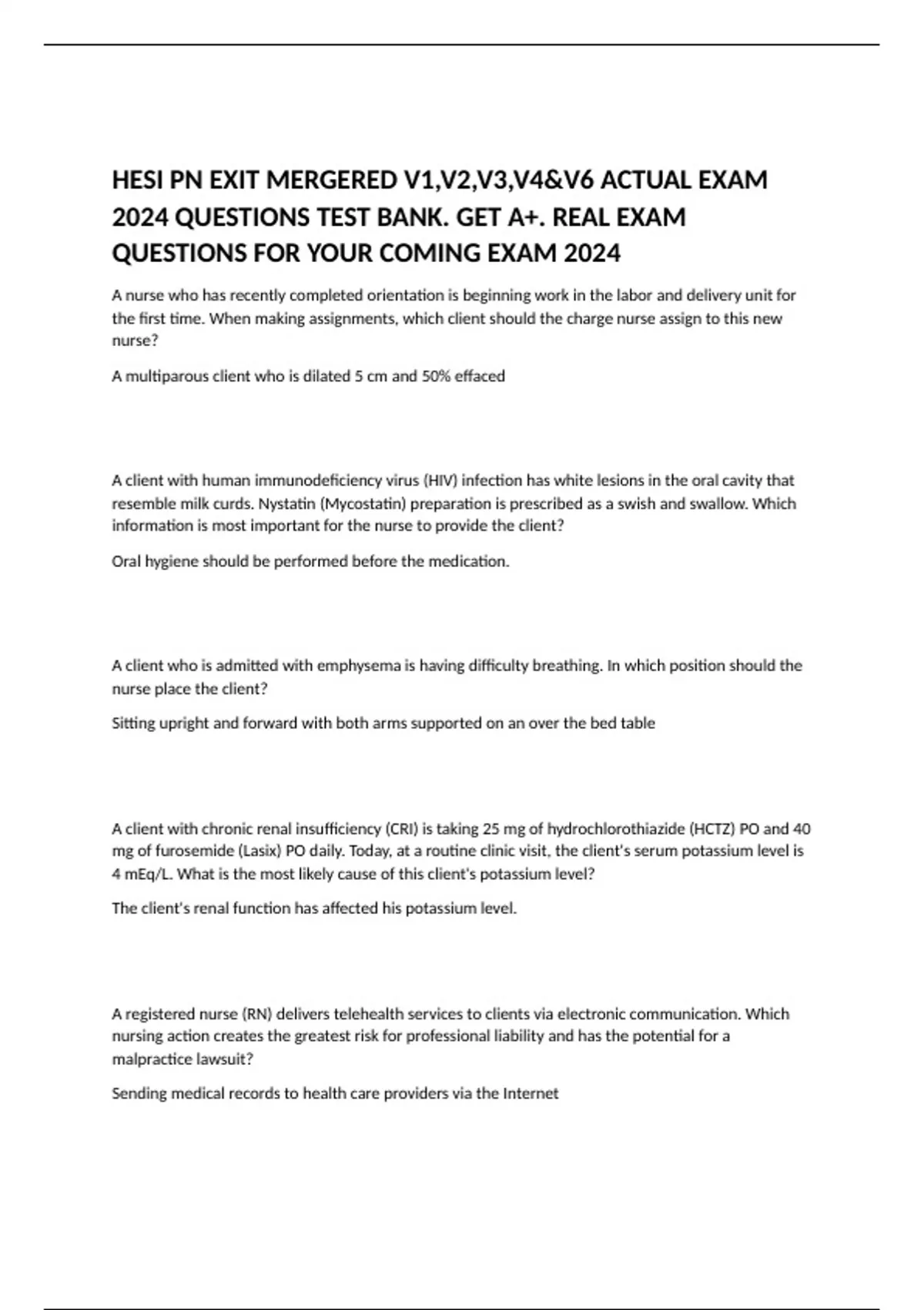 Mergered HESI PN EXIT MERGERED V1,V2,V3,V4&V6 ACTUAL EXAM 2024 QUESTIONS TEST ...