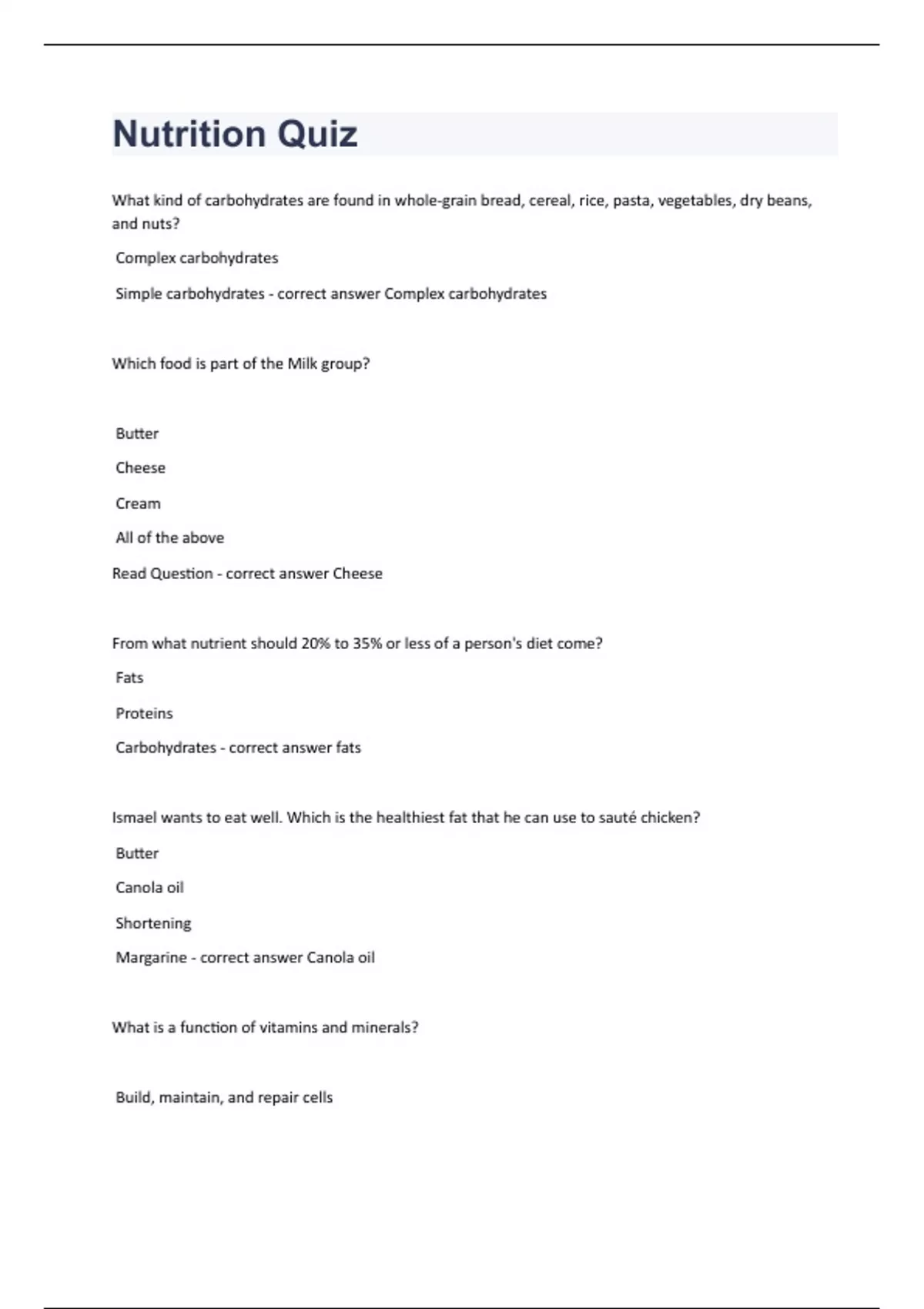 Nutrition Quiz with correct answers graded A+ 2023/2024 AES Stuvia US