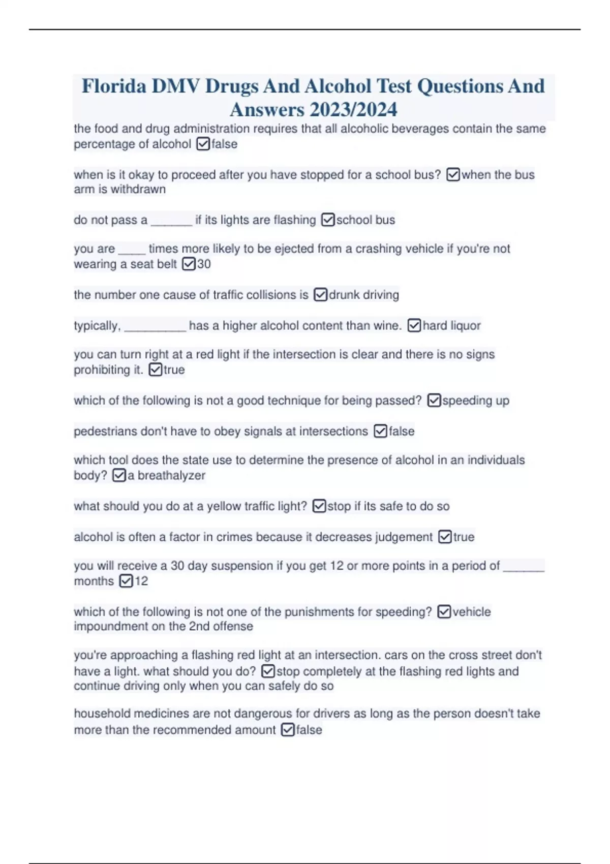 Florida DMV Drugs And Alcohol Test Questions And Answers 2023/2024