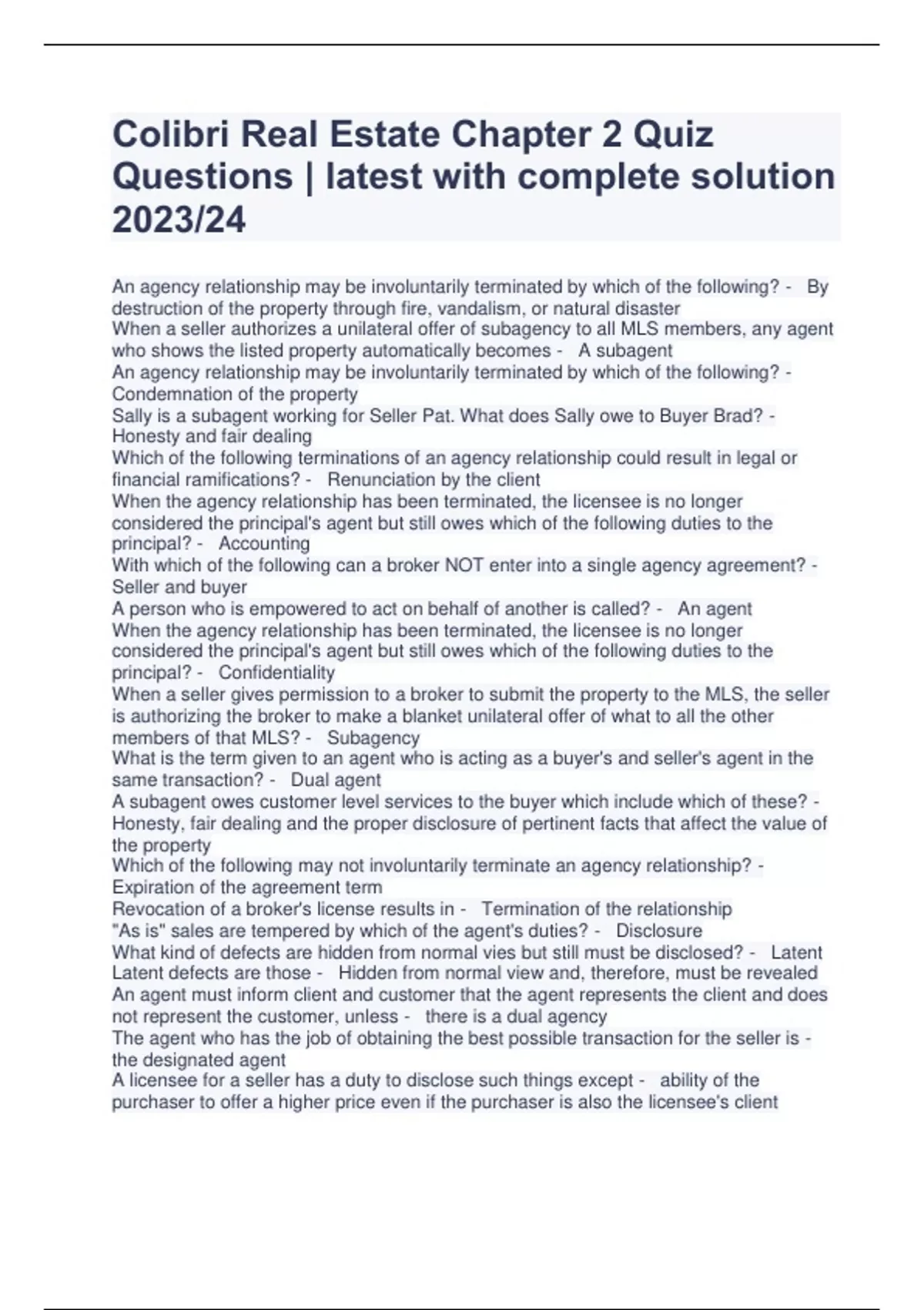 Colibri Real Estate Chapter 2 Quiz Questions latest with complete