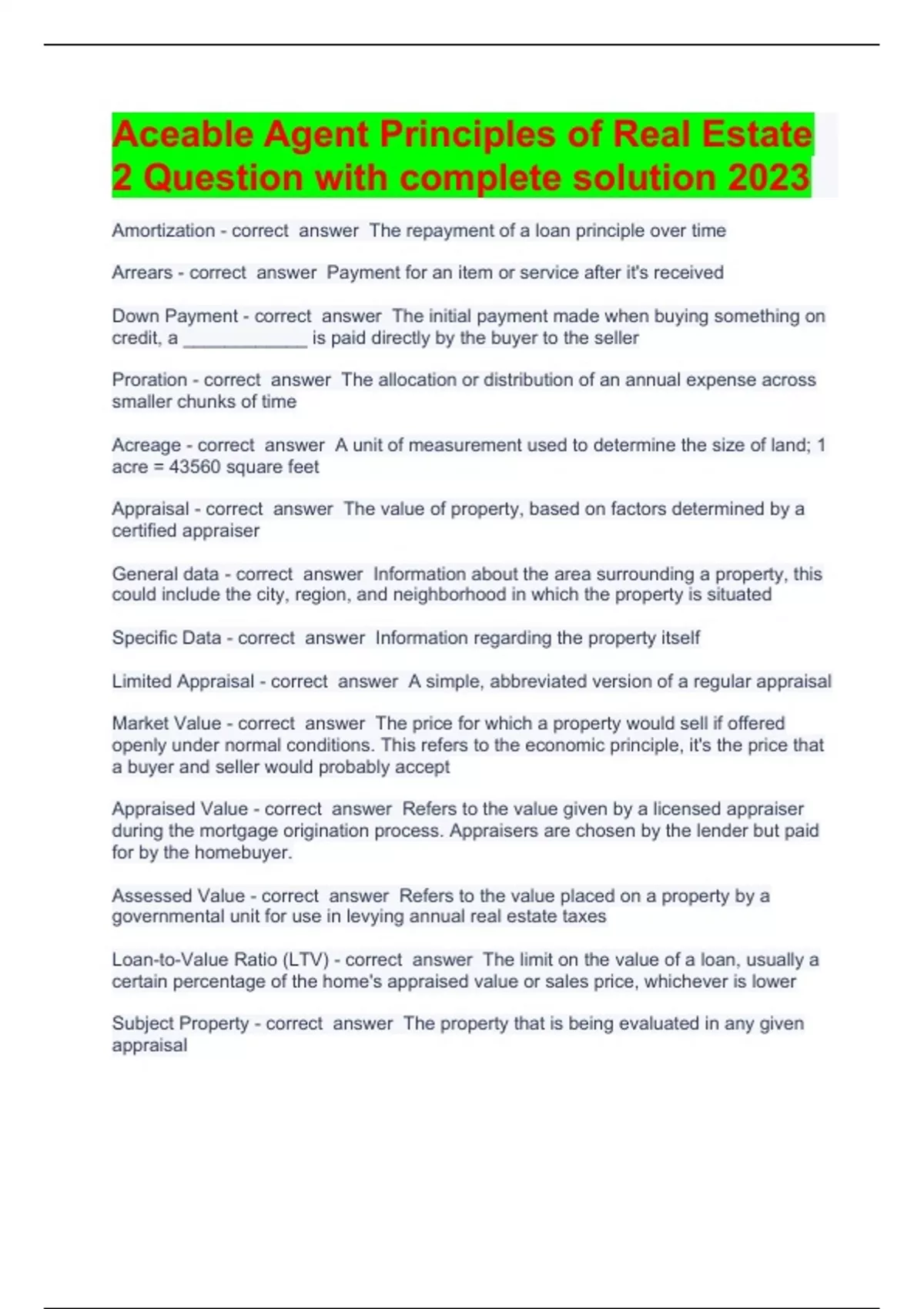 Aceable Agent Principles of Real Estate 2 Question with complete