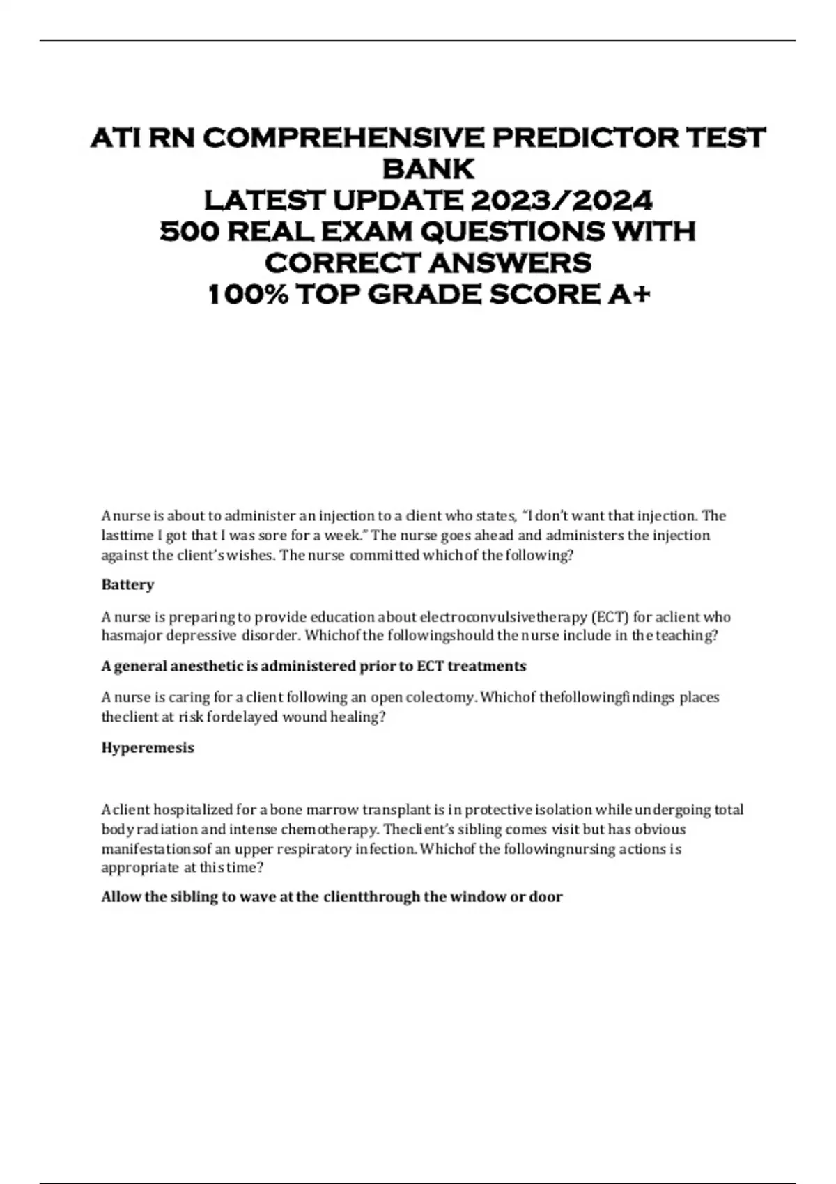 ATI RN COMPREHENSIVE PREDICTOR TEST BANK LATEST UPDATE 2023/2024 500