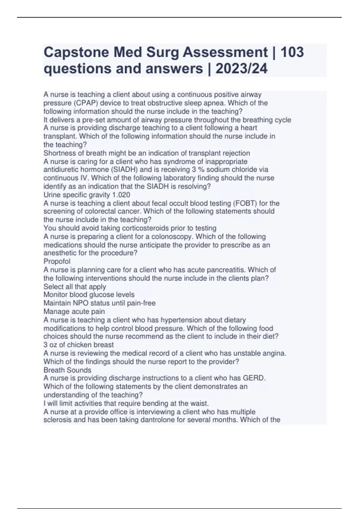 Capstone Questionnaire Examples Capstone Med Surg Assessment | 103 questions and answers | 2023/24 ...