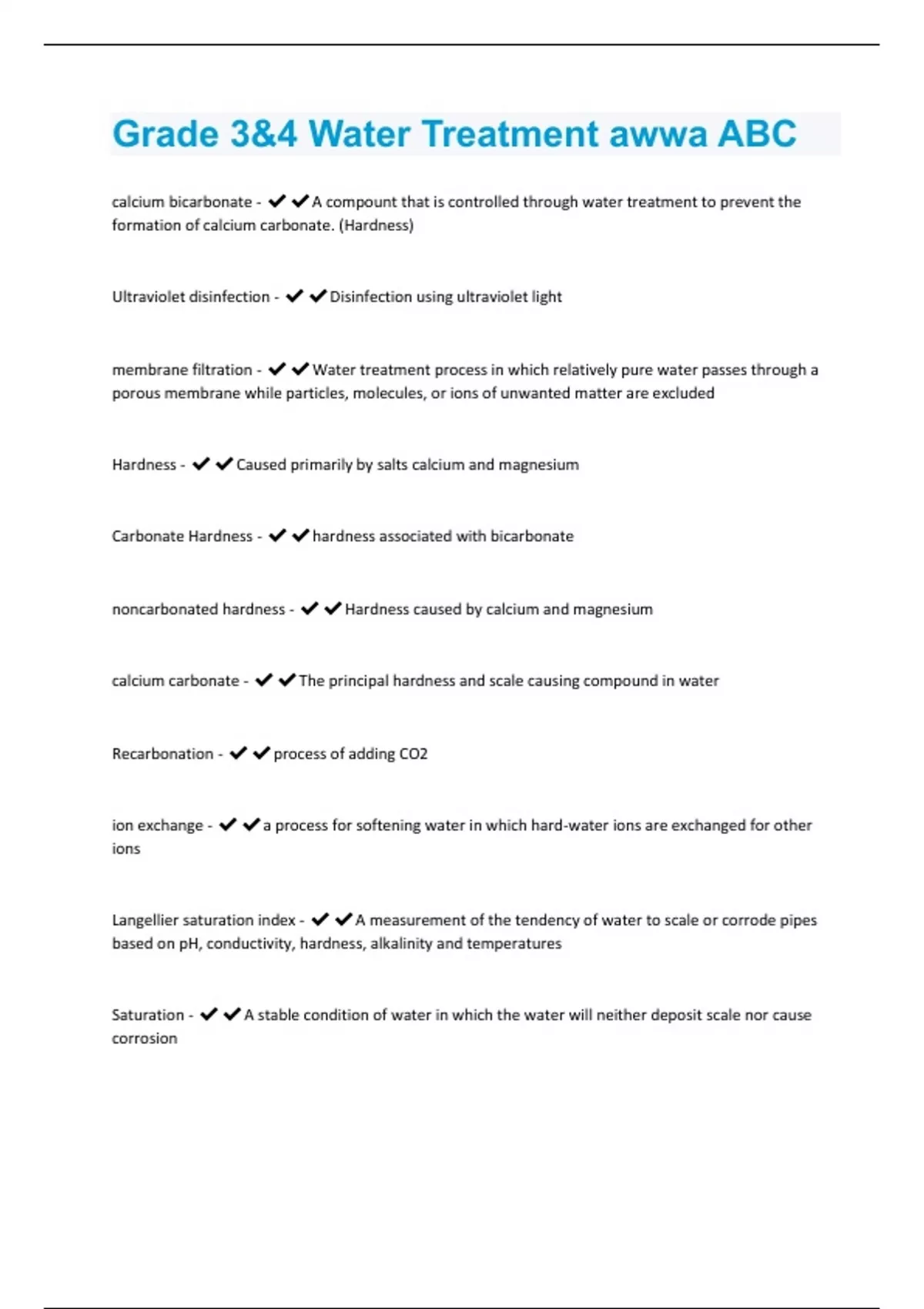Grade 3&4 Water Treatment awwa ABC Questions and Answers Solved 100