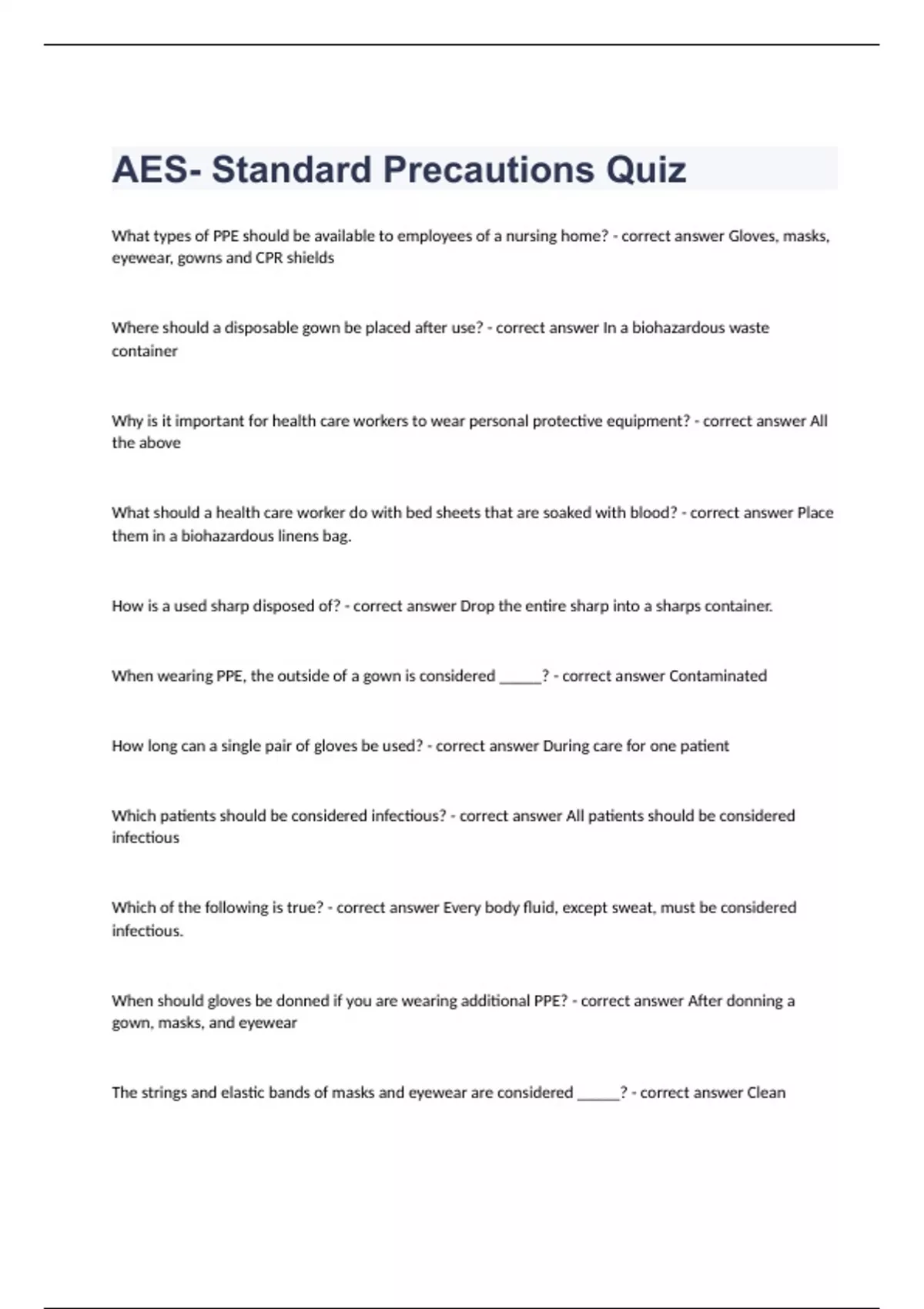 AES Standard Precautions Quiz well answered 2023/2024 AES Stuvia US