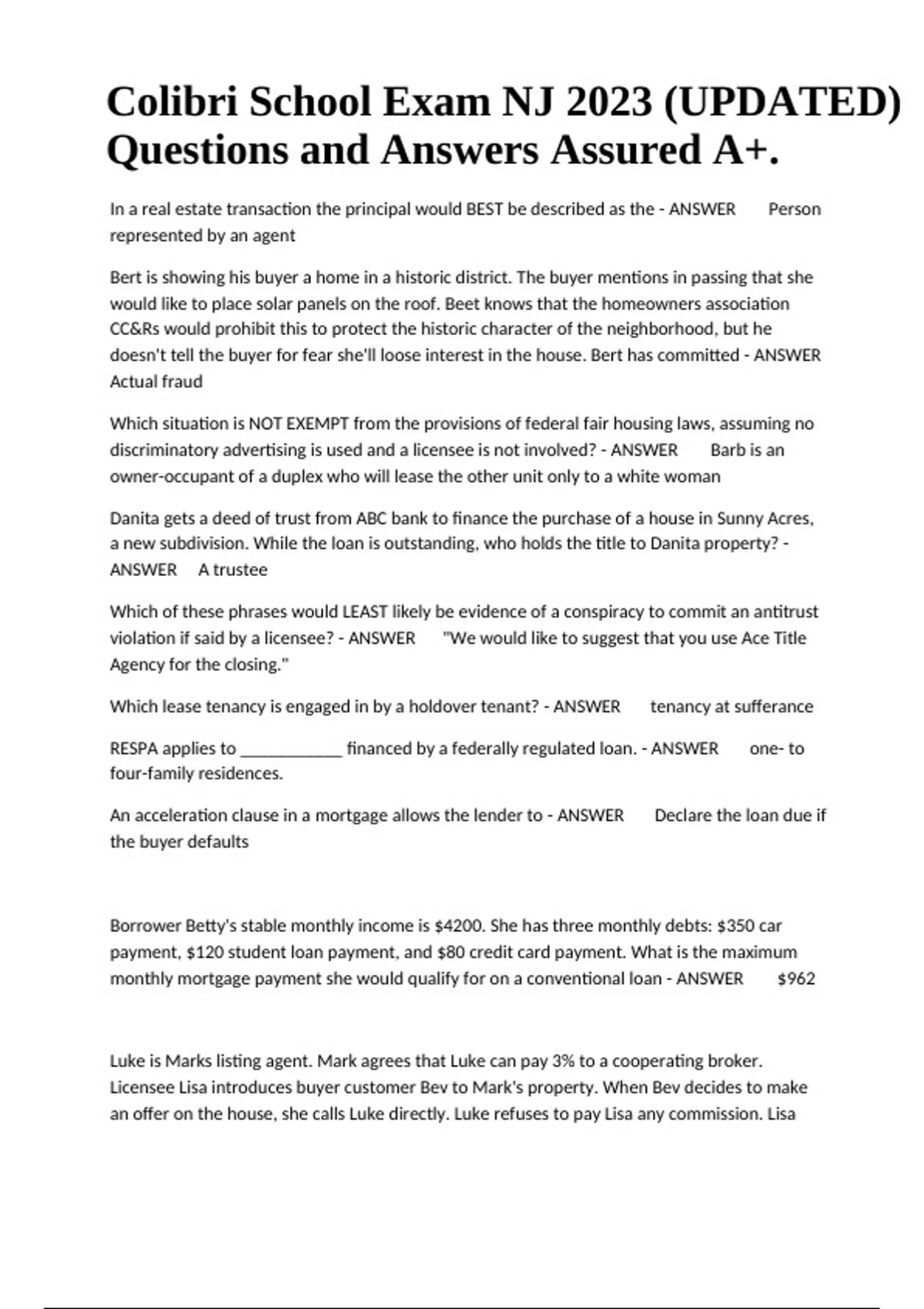 Colibri Real Estate (Real Estate Express) Final Exam Review (UPDATED