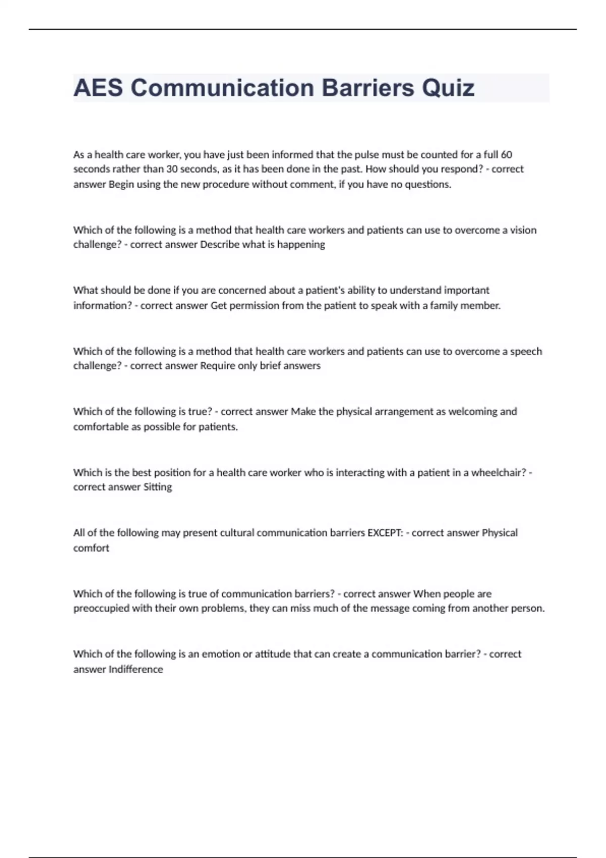 AES Communication Barriers Quiz with answers graded A+ 2023/2024 AES