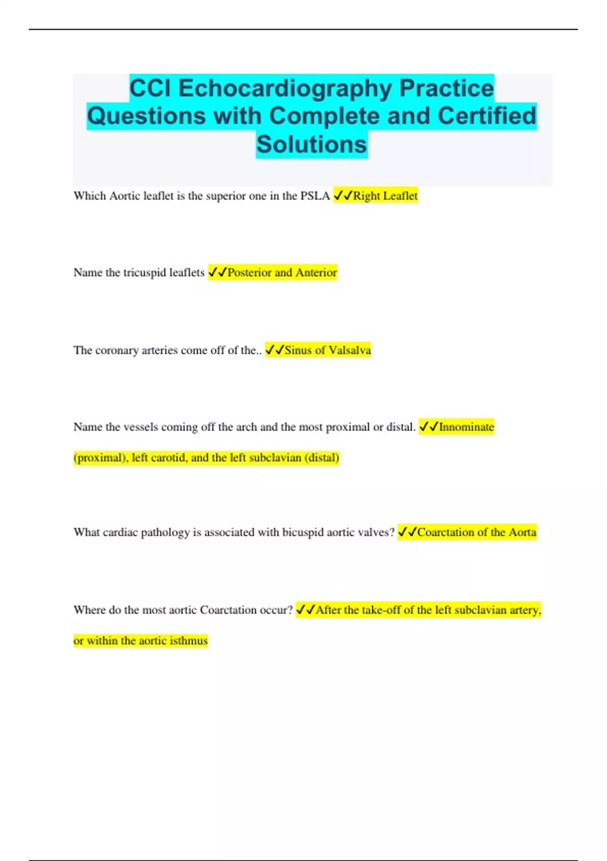 CCI Echocardiography Practice Questions with Complete and Certified