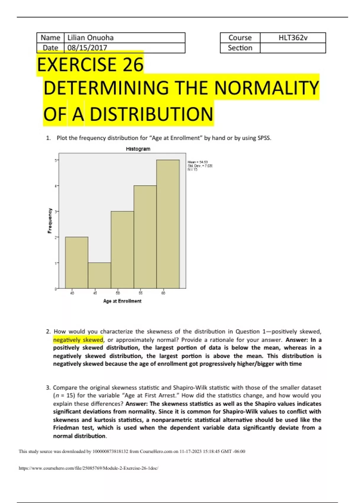 EXERCISE 26 DETERMINING THE NORMALITY OF A DISTRIBUTION TESTBANK 2024 ...