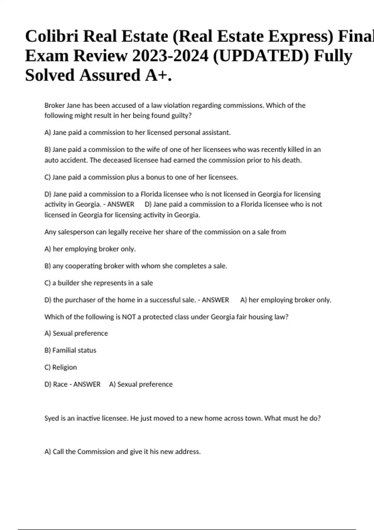 Colibri Real Estate (Real Estate Express) Final Exam Review (UPDATED