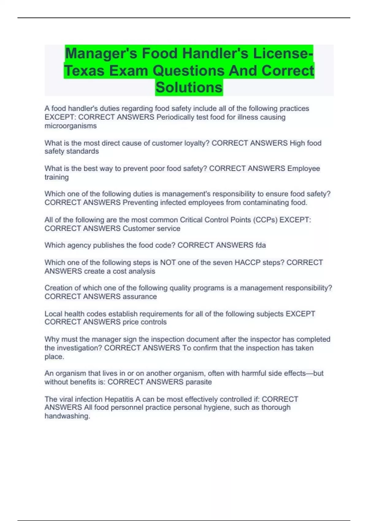 Manager's Food Handler's License Texas Exam Questions And Correct Solutions Texas food
