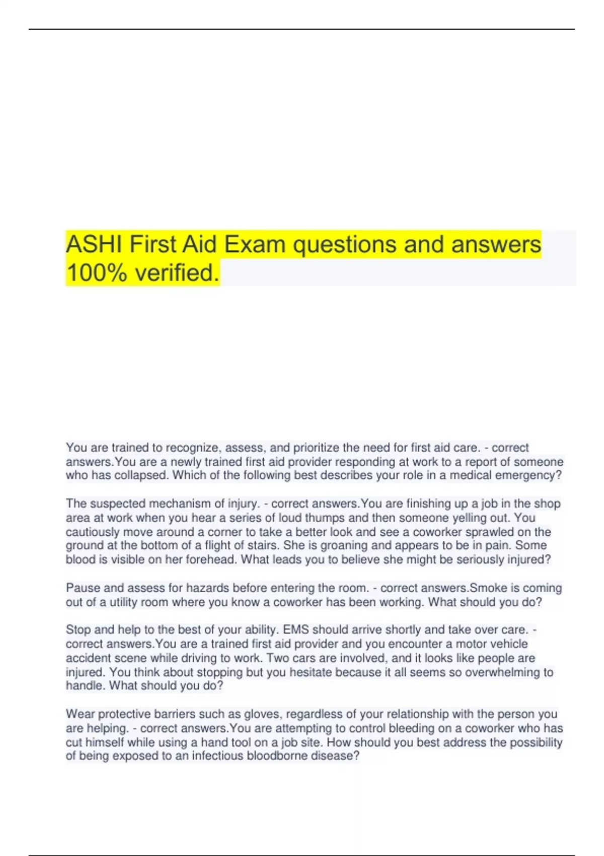 ASHI First Aid Exam questions and answers 100 verified Stuvia US