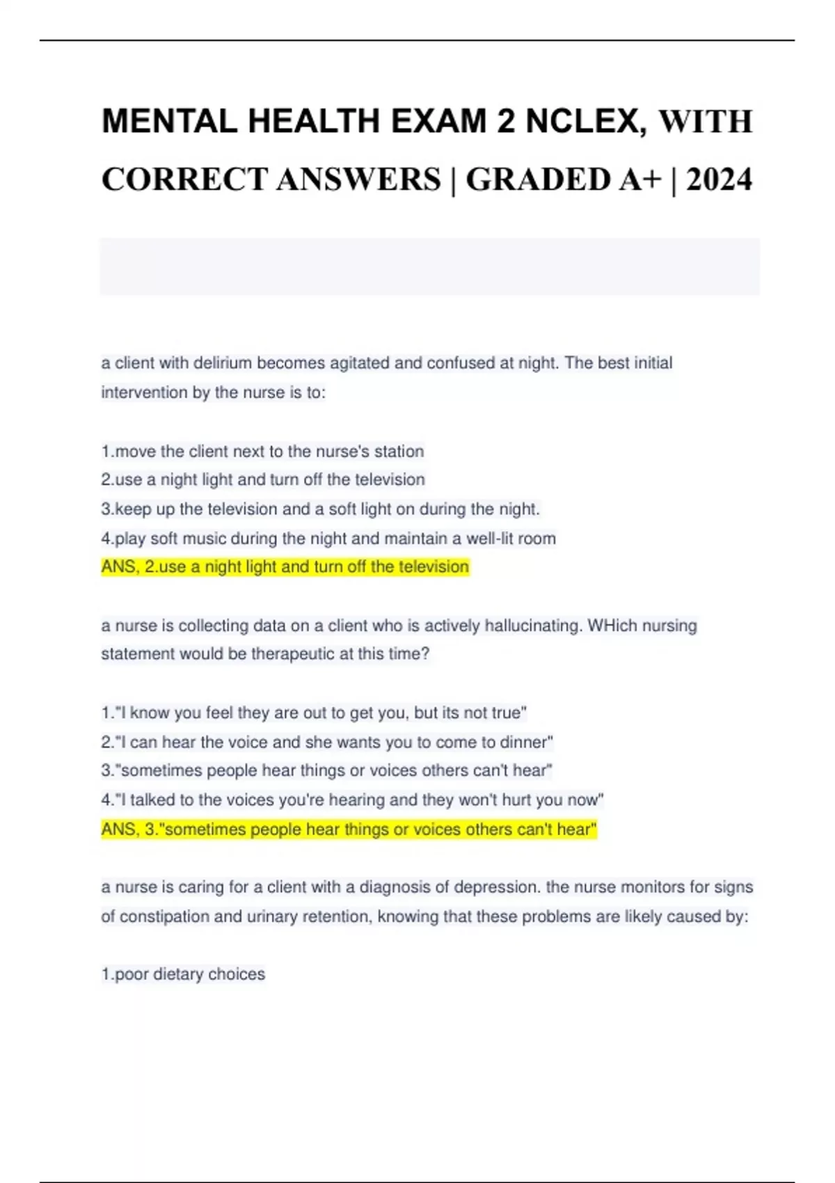 MENTAL HEALTH EXAM 2 NCLEX, WITH CORRECT ANSWERS | GRADED A+ | 2024 ...