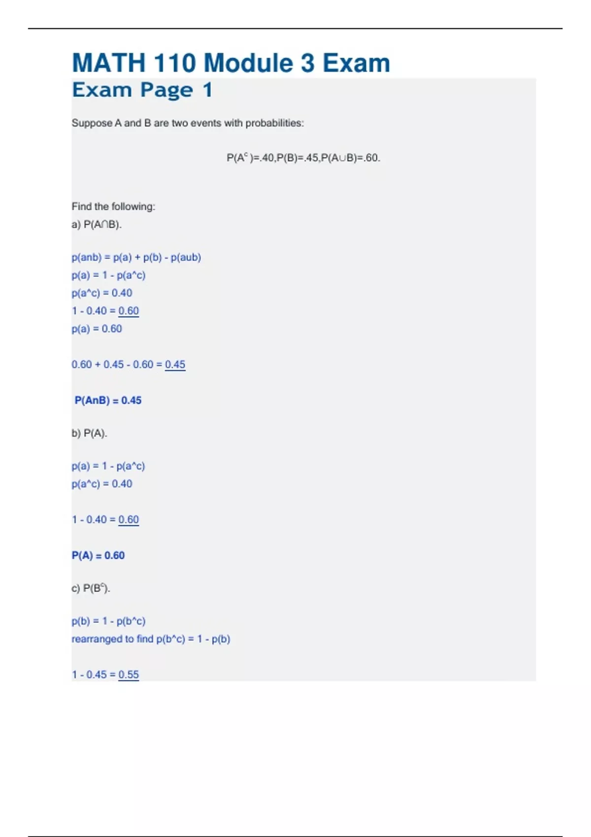 MATH 110 Module 3 Exam (Latest update, ) / MATH110 Module 3 Exam/ MATH ...