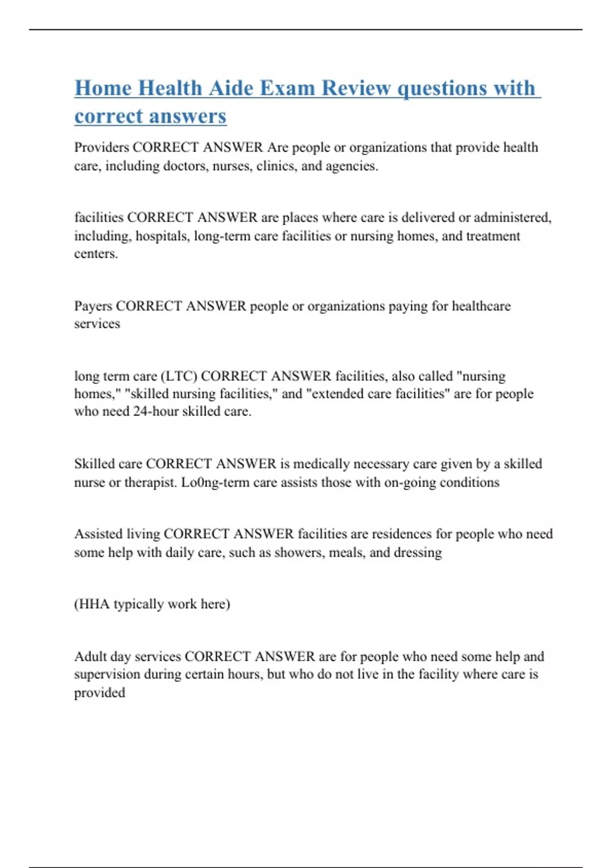 Home Health Aide Exam Review questions with correct answers Home