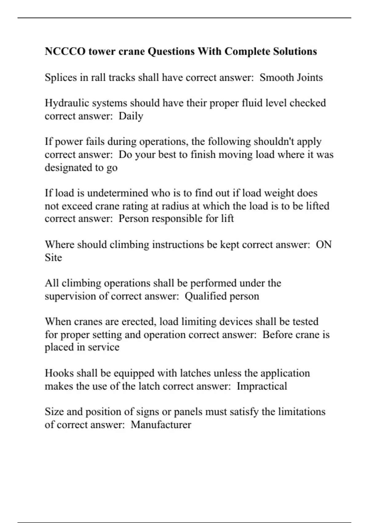 NCCCO tower crane Questions With Complete Solutions Stuvia US