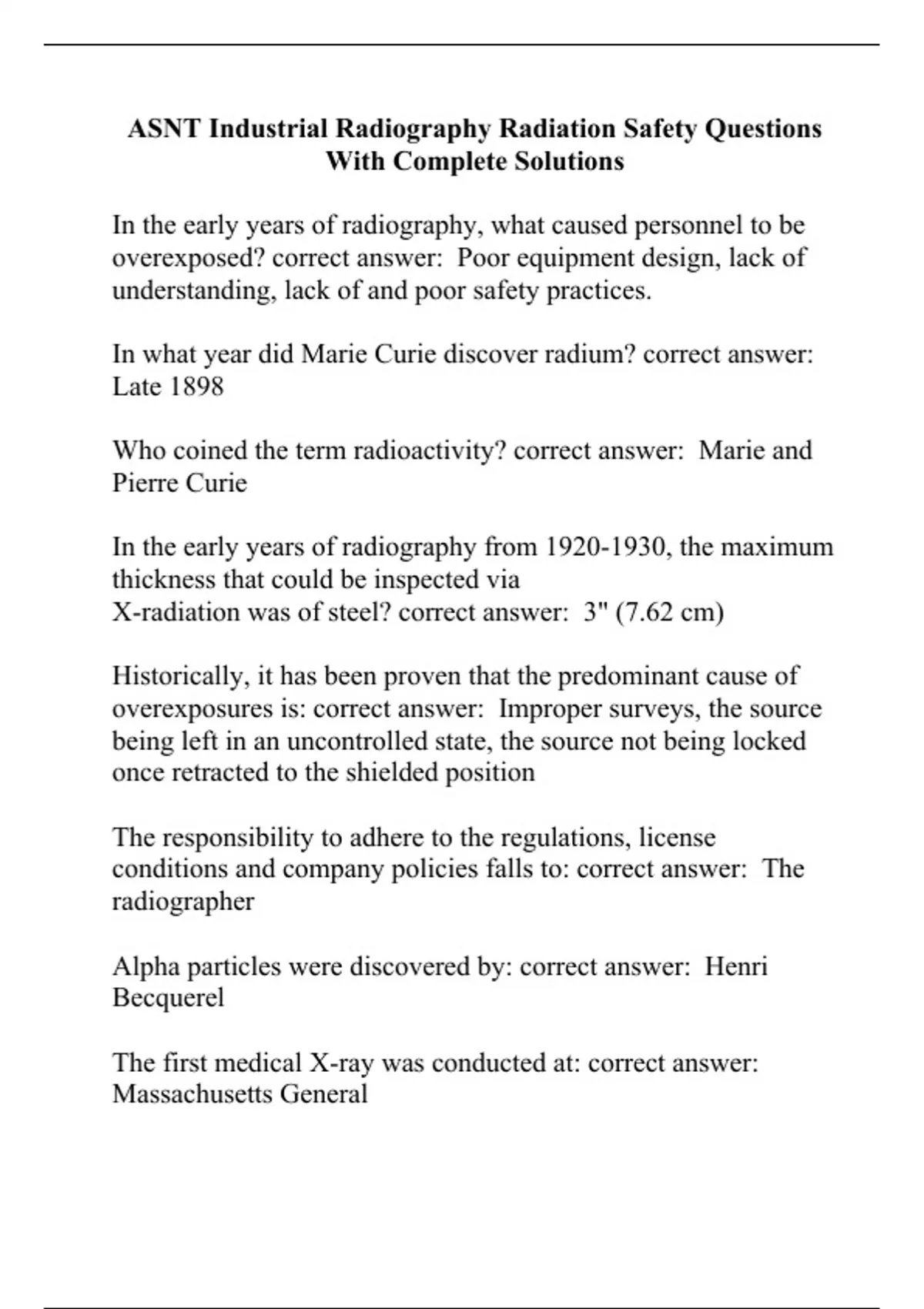 ASNT Industrial Radiography Radiation Safety Questions With Complete