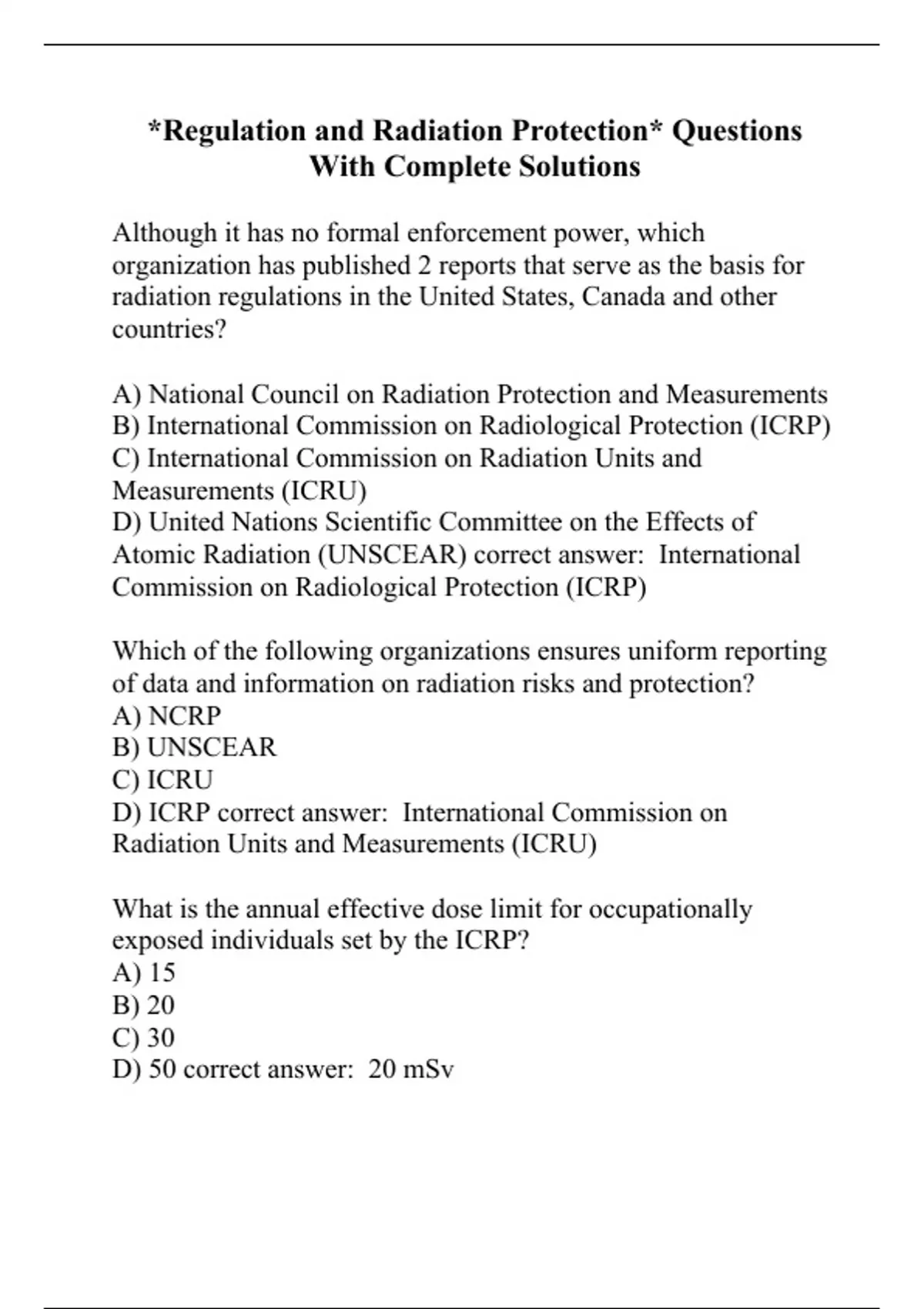 *Regulation and Radiation Protection* Questions With Complete Solutions