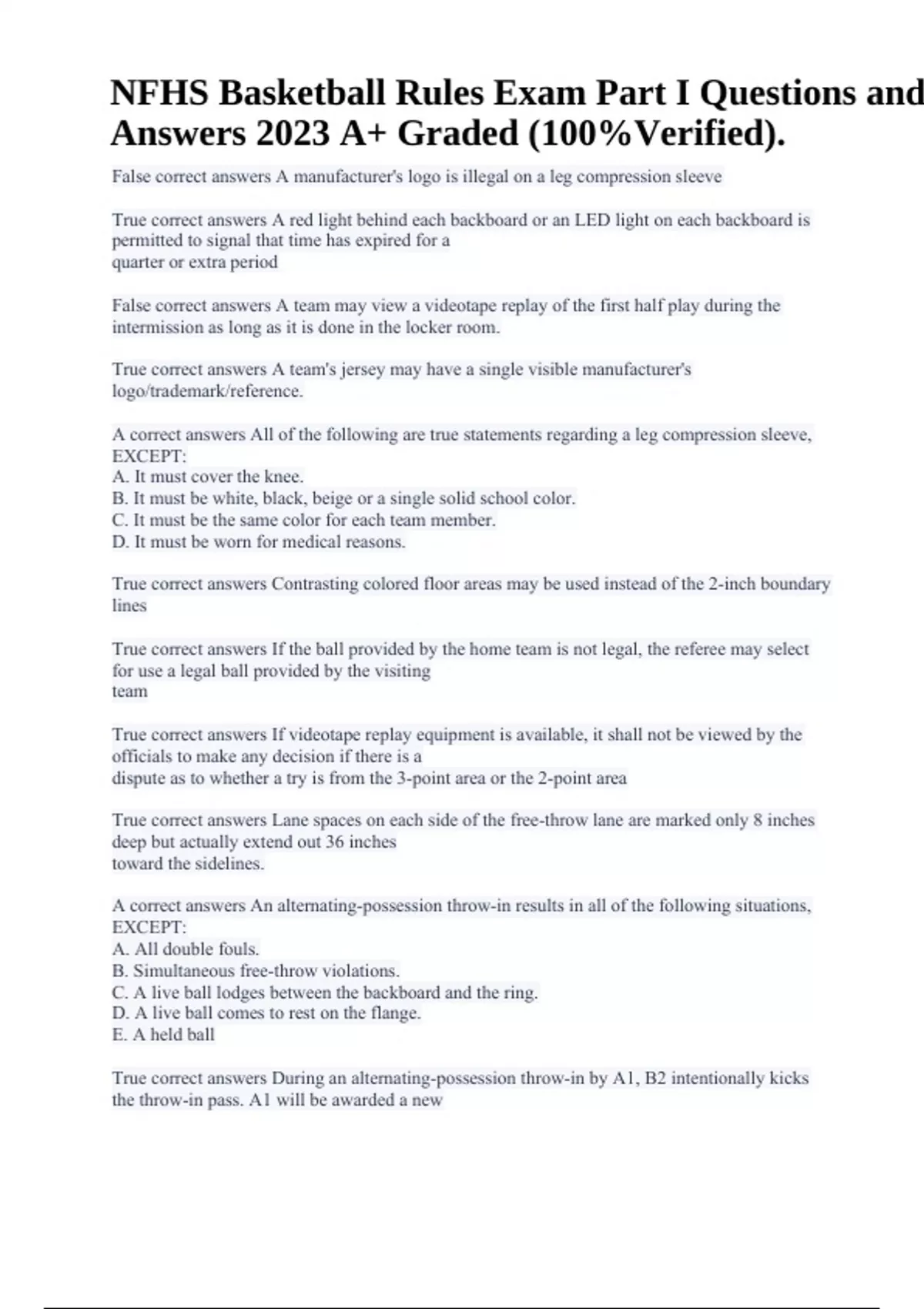 NFHS Basketball Rules Exam Part I Questions and Answers 2023 A+ Graded