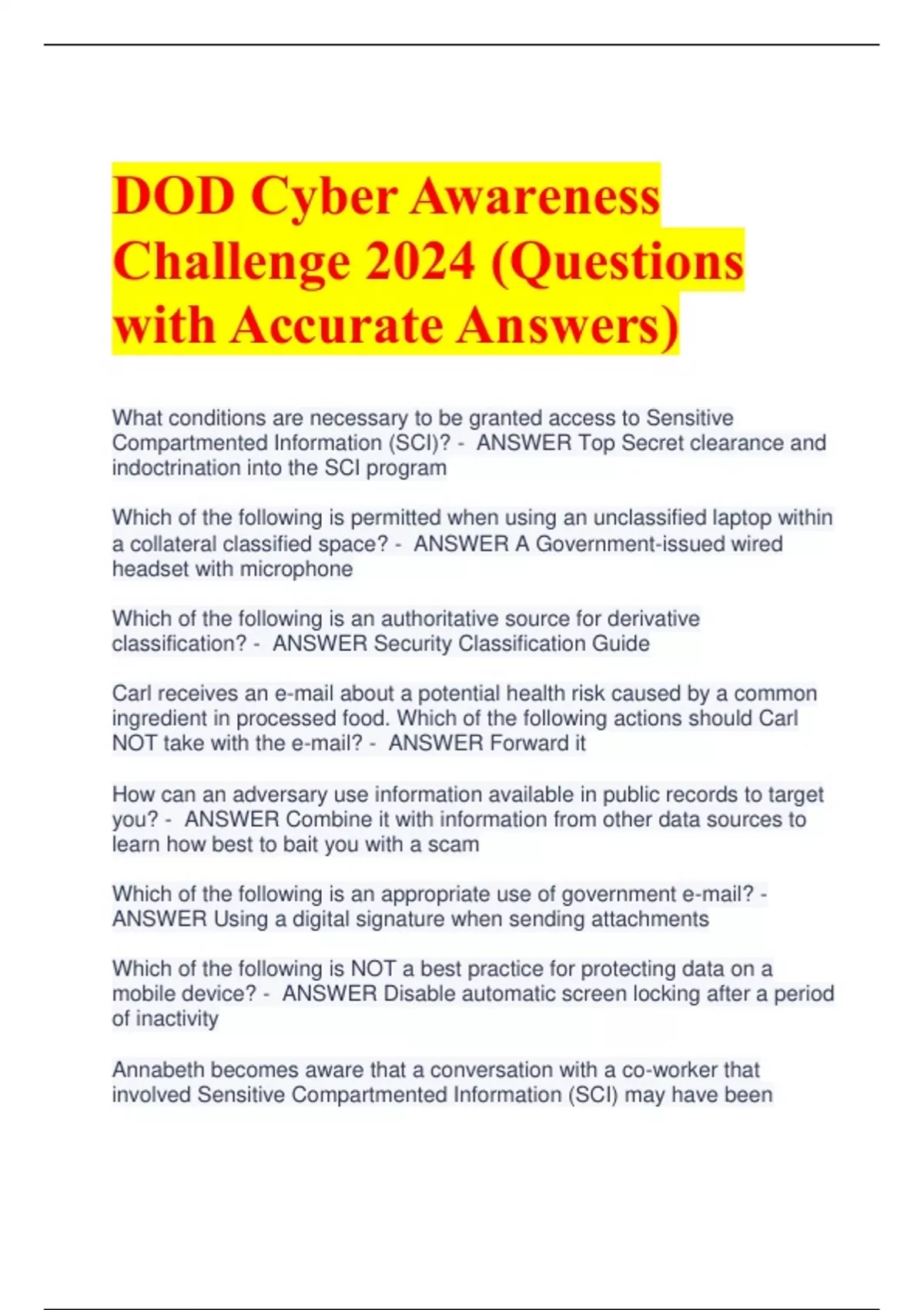 DOD Cyber Awareness Challenge 2024 (Questions with Accurate Answers ...