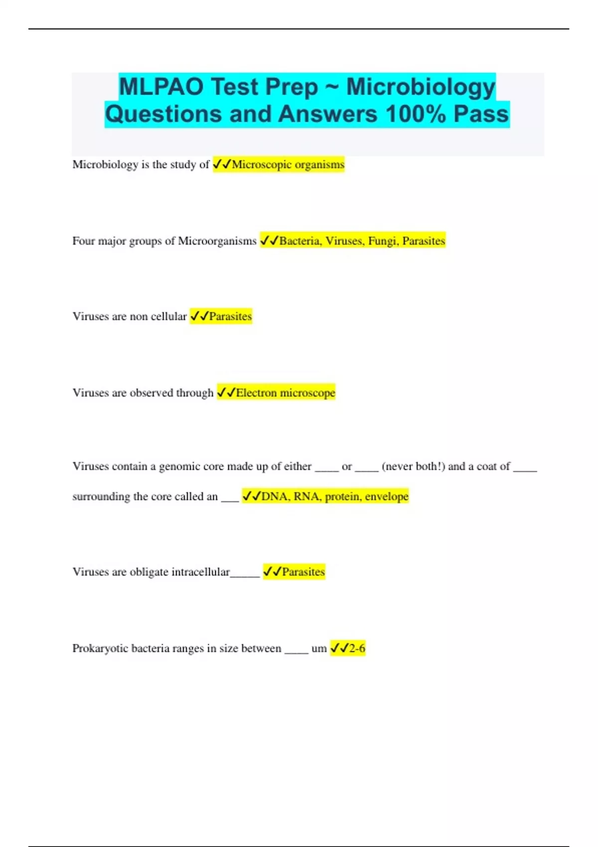 MLPAO Test Prep Microbiology Questions and Answers 100 Pass MLPAO