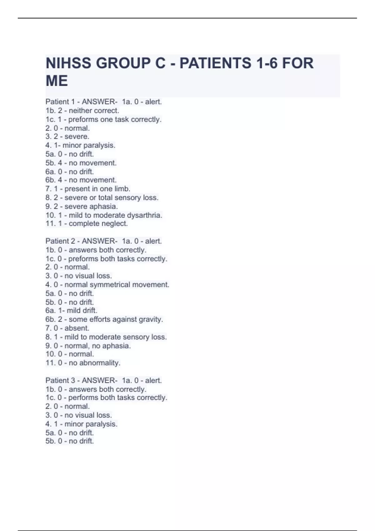 NIHSS GROUP C PATIENTS 16 FOR ME APEX NIH Stroke Scale Stuvia US