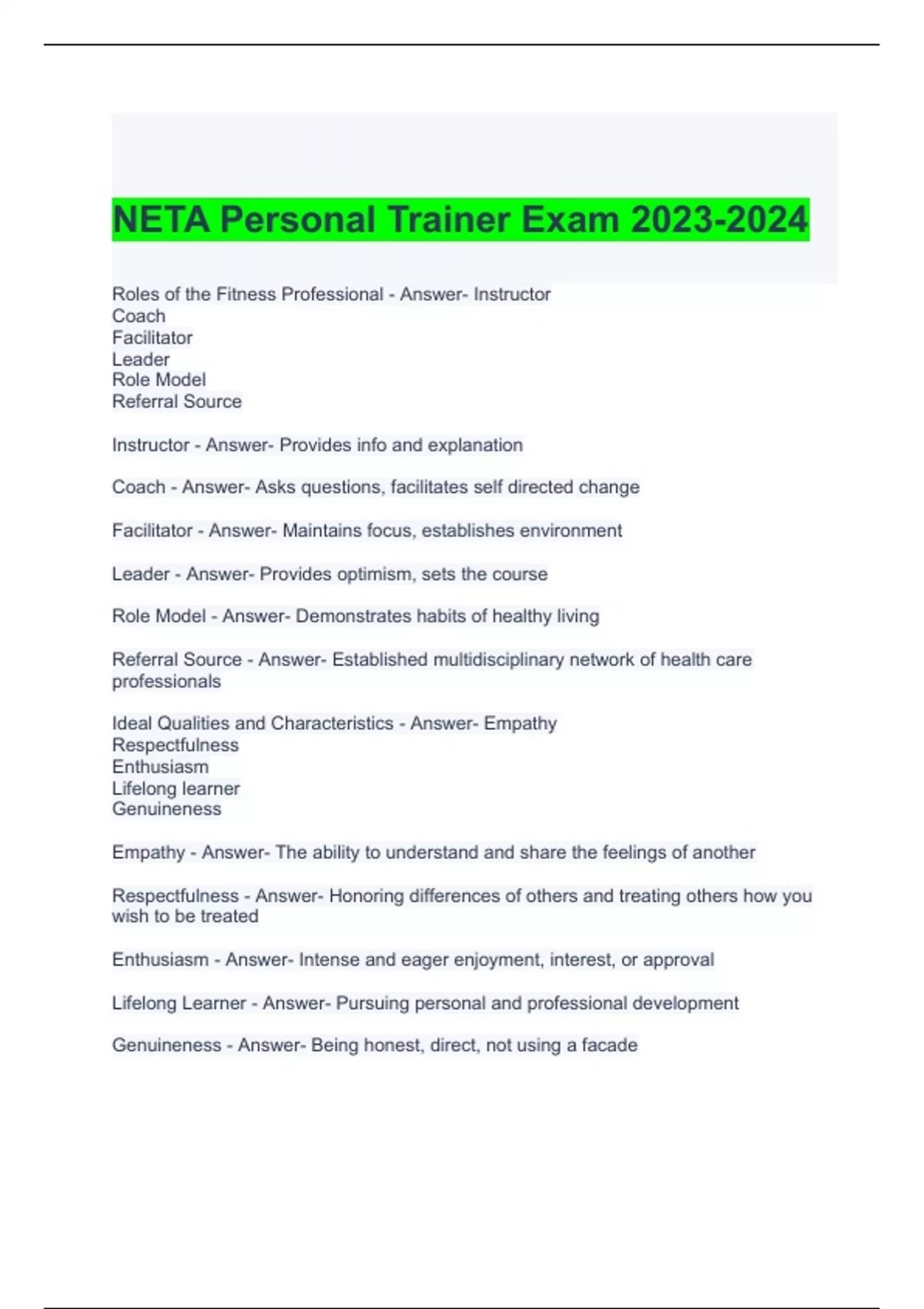 Neta Training Testing NETA Personal Trainer Exam with complete solutions - NETA Personal ...