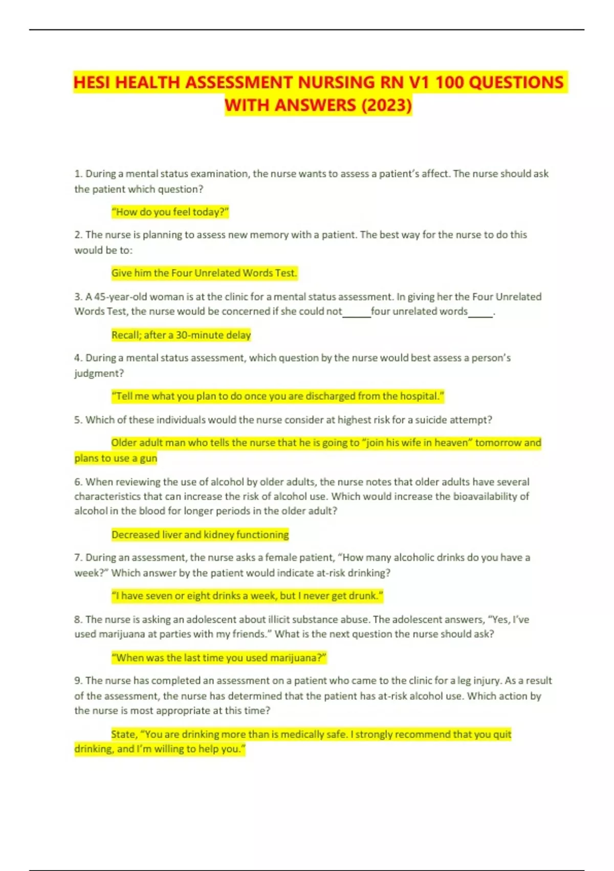 HESI HEALTH ASSESSMENT NURSING RN V1 100 QUESTIONS WITH ANSWERS (2023 ...