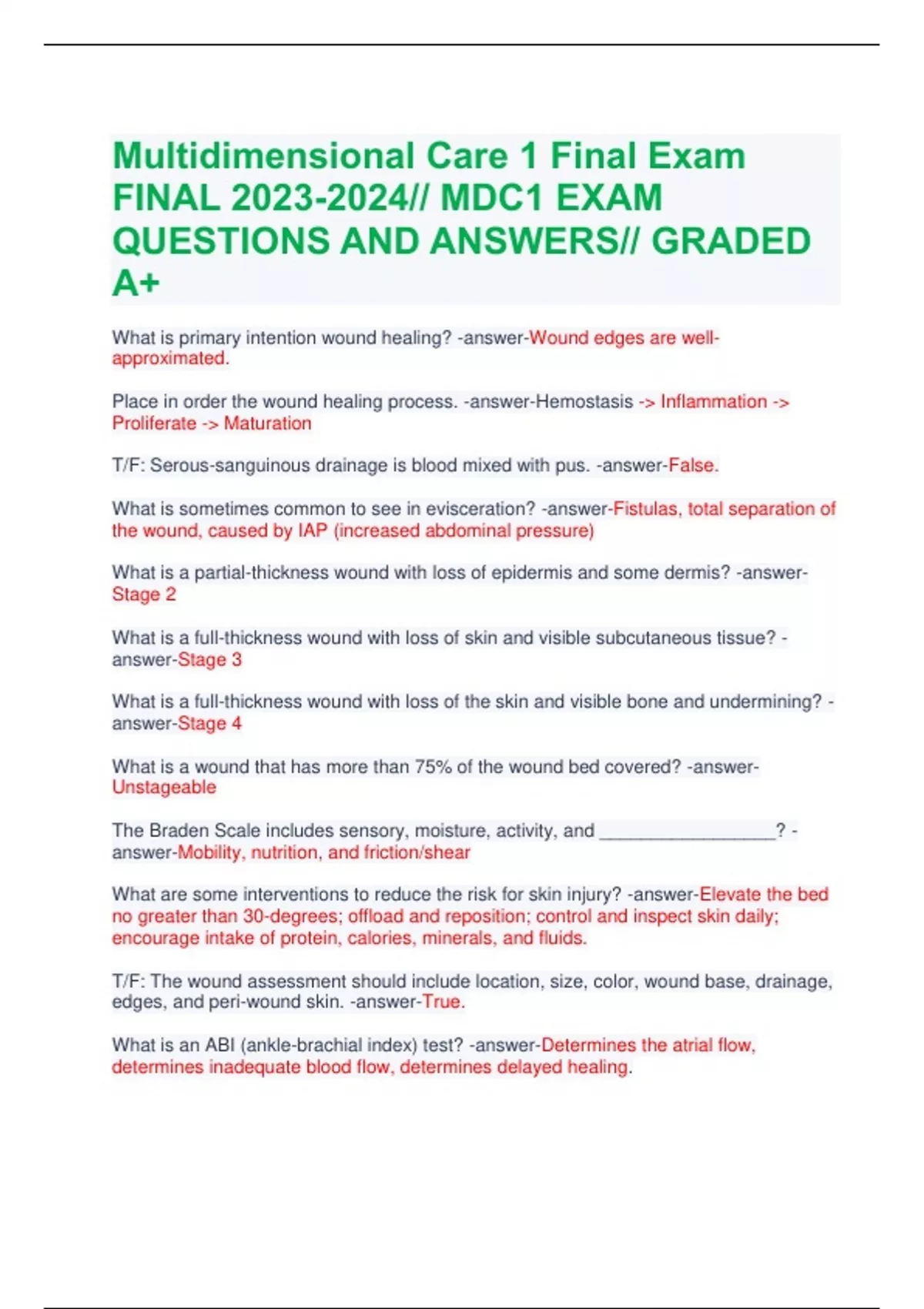 Multidimensional Care 1 Final Exam FINAL // MDC1 EXAM QUESTIONS AND ...