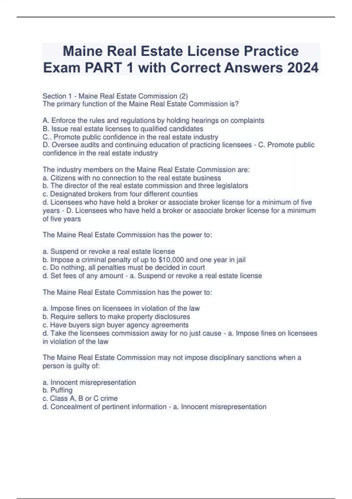 Maine Real Estate License Practice Exam PART 1 with Correct Answers