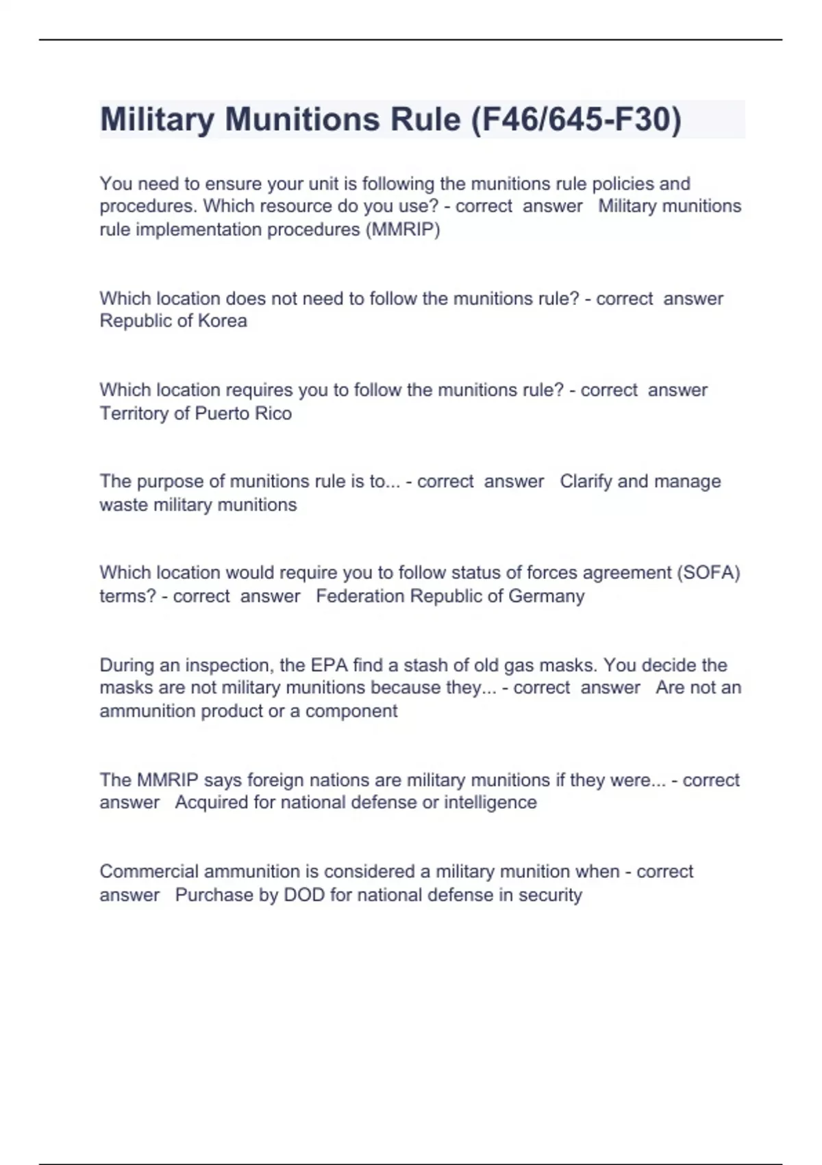 Military Munitions Rule Question and answers already passed 2023/2024