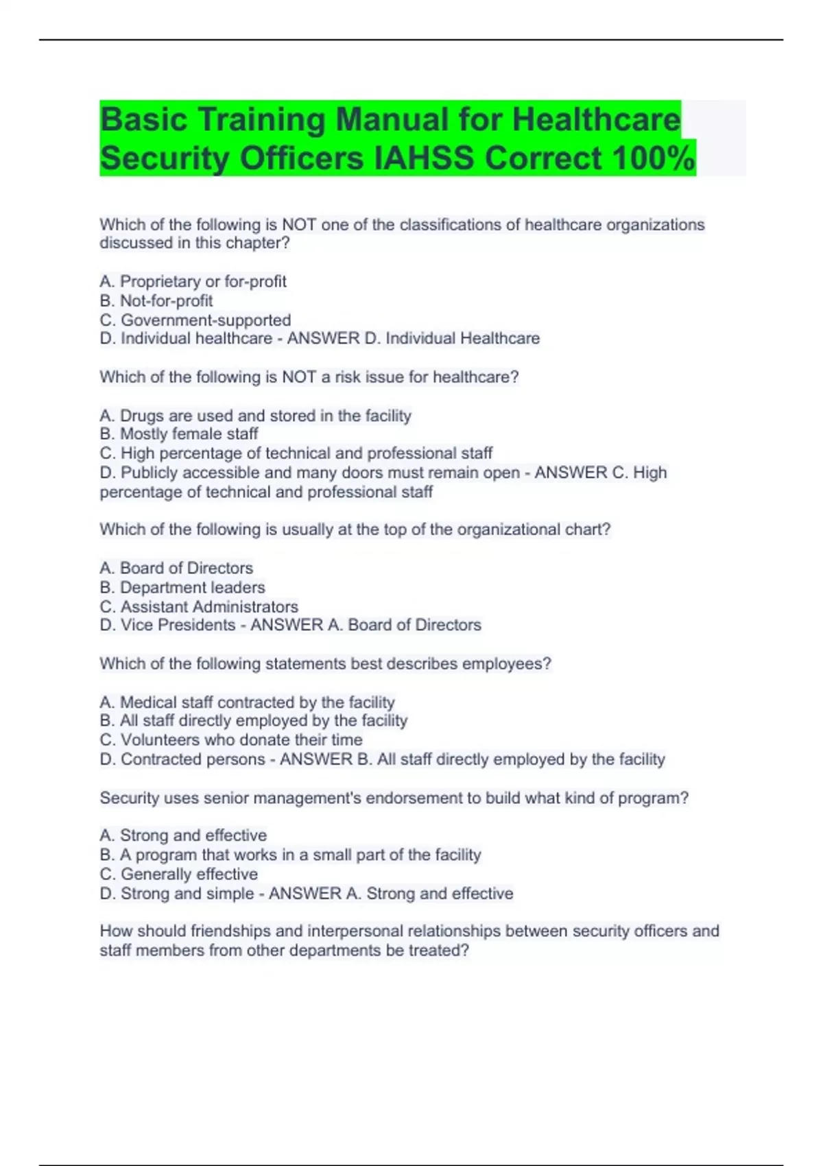 Basic Training Manual for Healthcare Security Officers IAHSS Correct 100% - IAHSS - Stuvia US