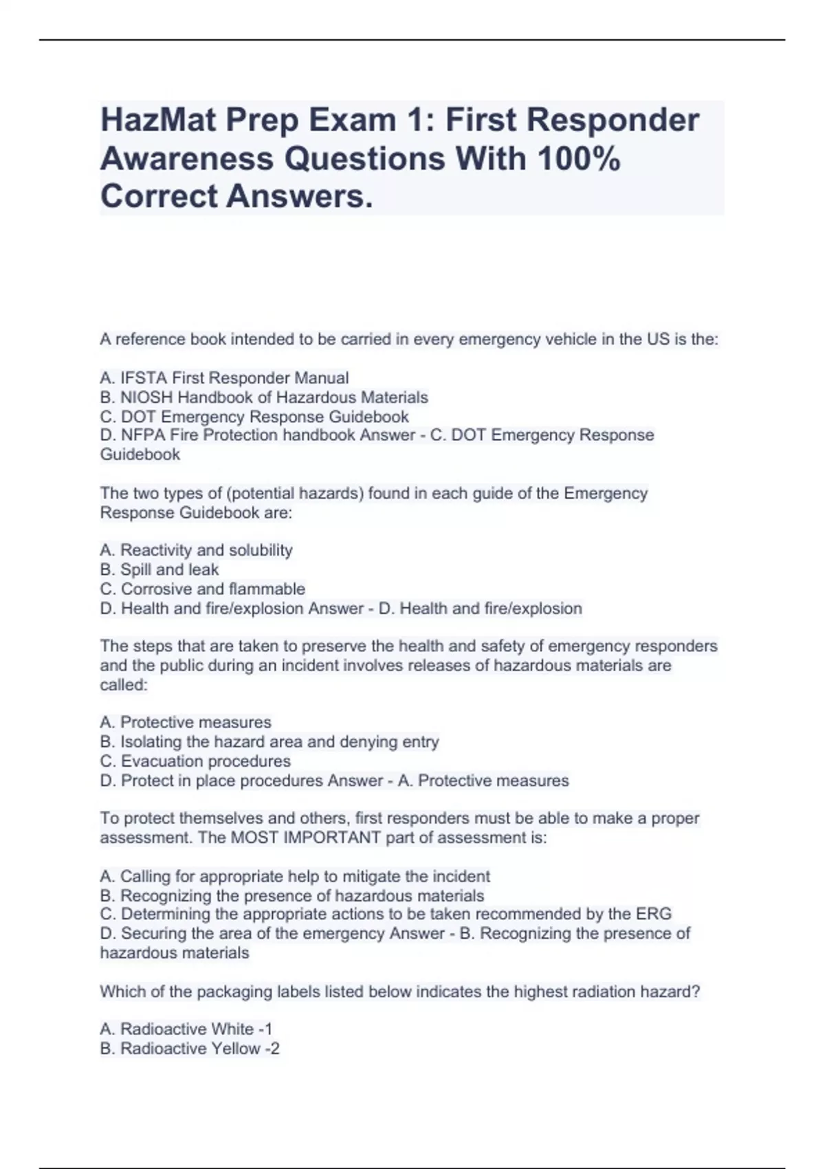 HazMat Prep Exam 1 First Responder Awareness Questions With 100