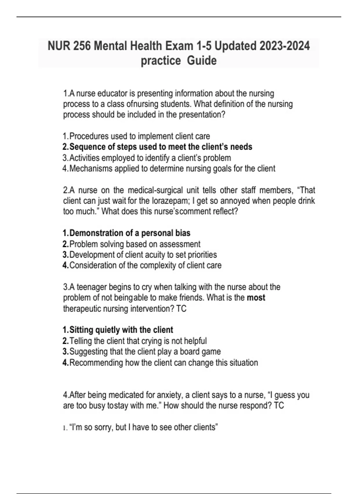 NUR 256 Mental Health Exam 1-5 Updated practice Guide - NUR 256 - Stuvia US