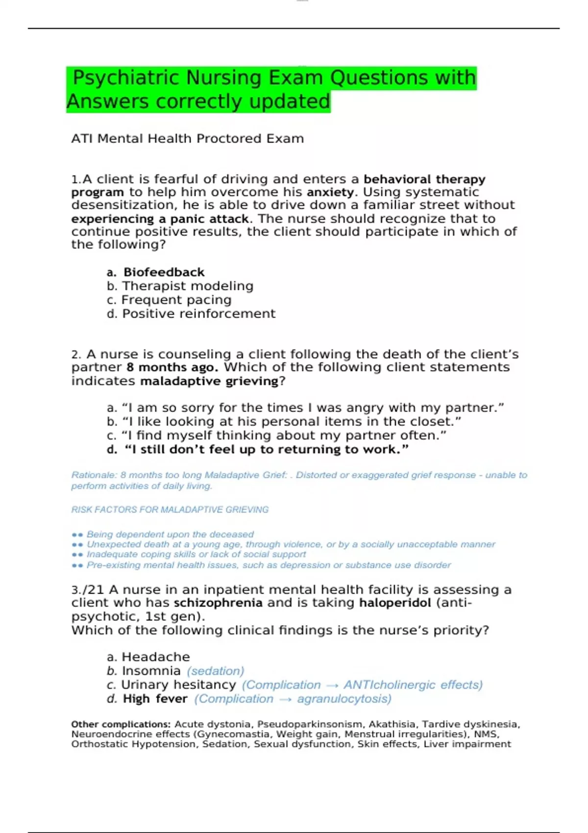 Psychiatric Nursing Exam Questions with Answers correctly updated ...