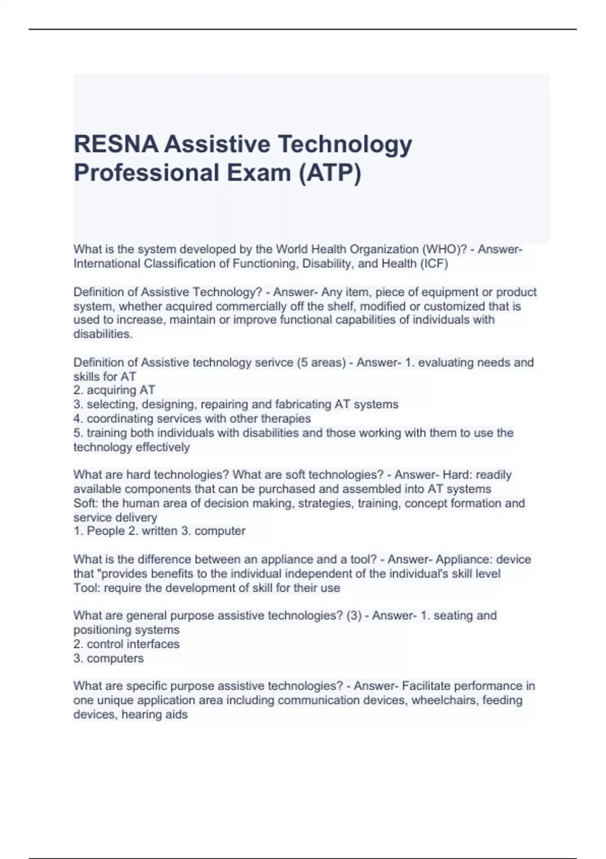RESNA Assistive Technology Professional Exam (ATP) Questions and