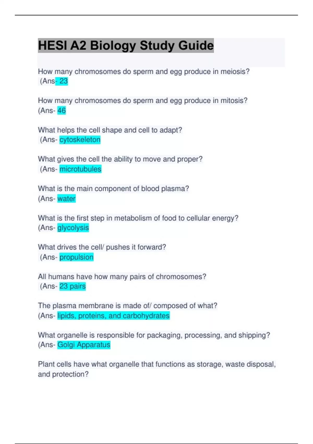 HESI A2 Biology Study Guide: Questions & Answers: Updated A+ Score ...